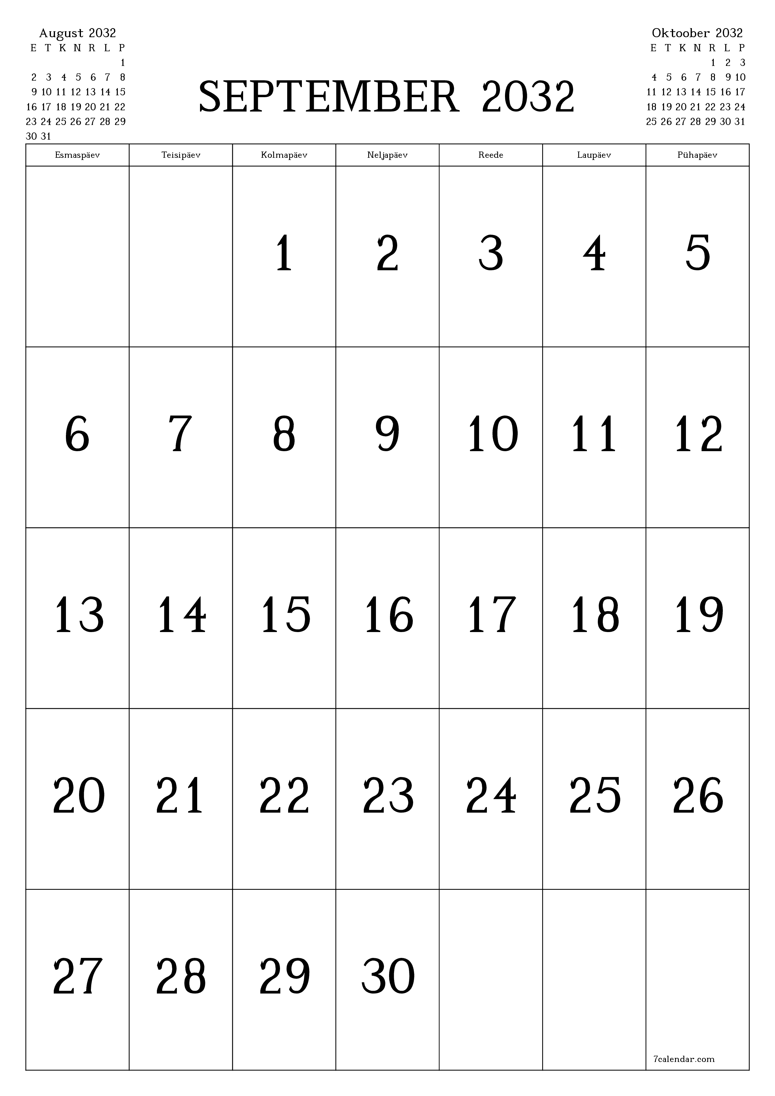 prinditav seina kalendri mall tasuta vertikaalne Igakuine kalender September (Sept) 2032