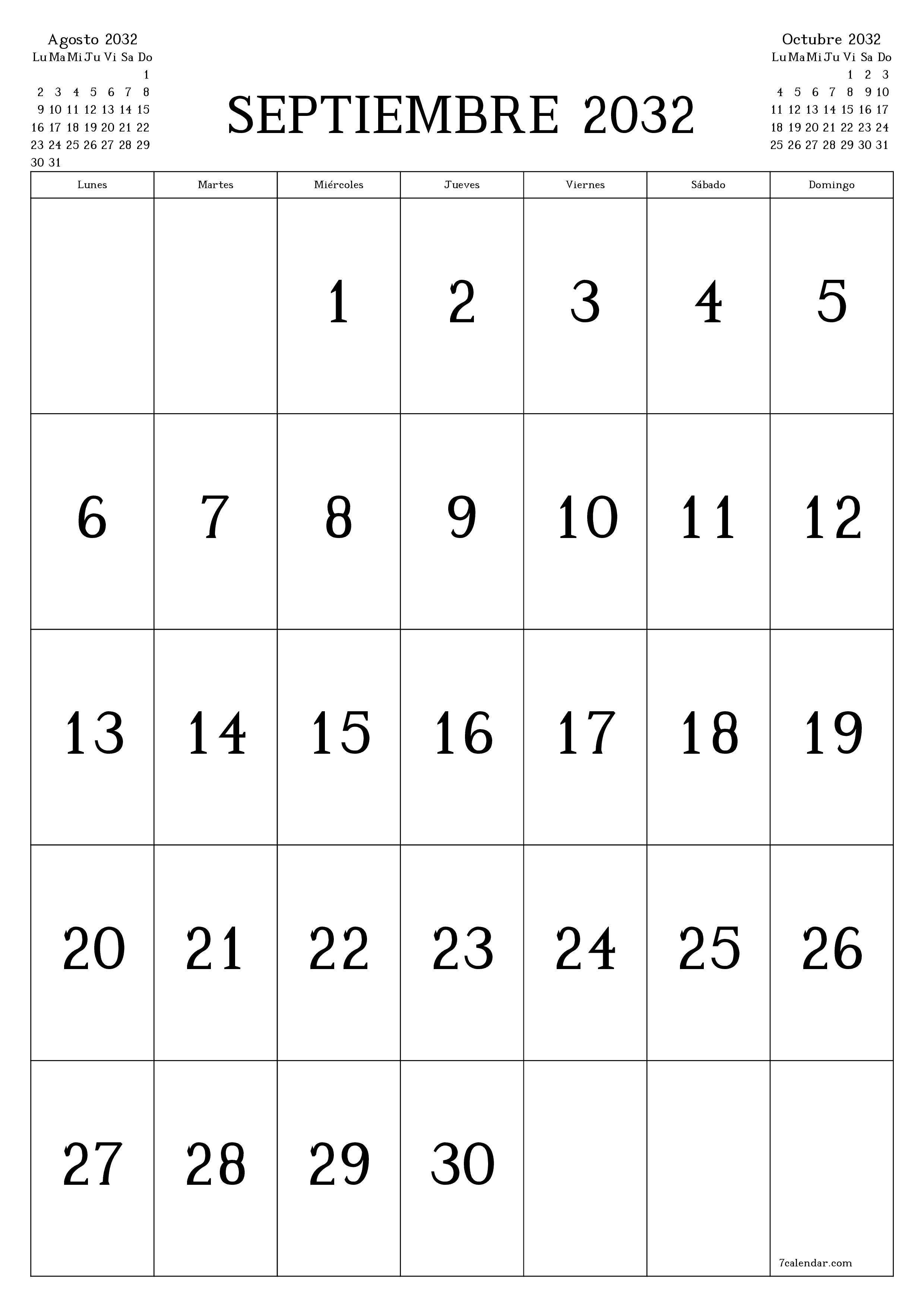  imprimible de pared plantilla de gratisvertical Mensual calendario Septiembre (Sep) 2032