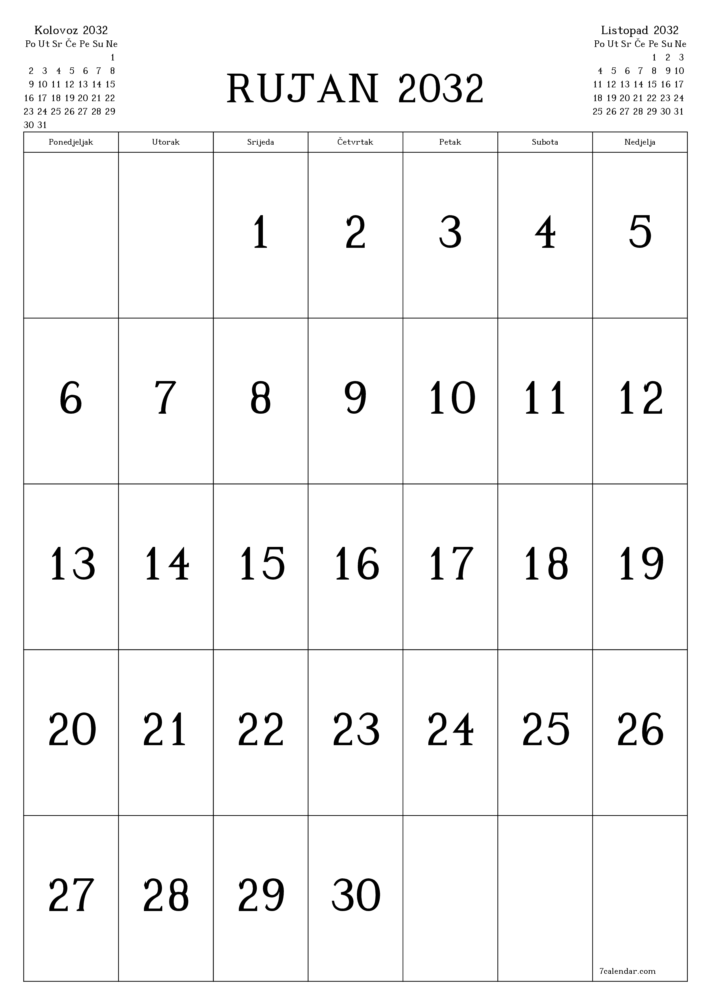  za ispis zidni predložak a besplatni okomito Mjesečni kalendar Rujan (Ruj) 2032
