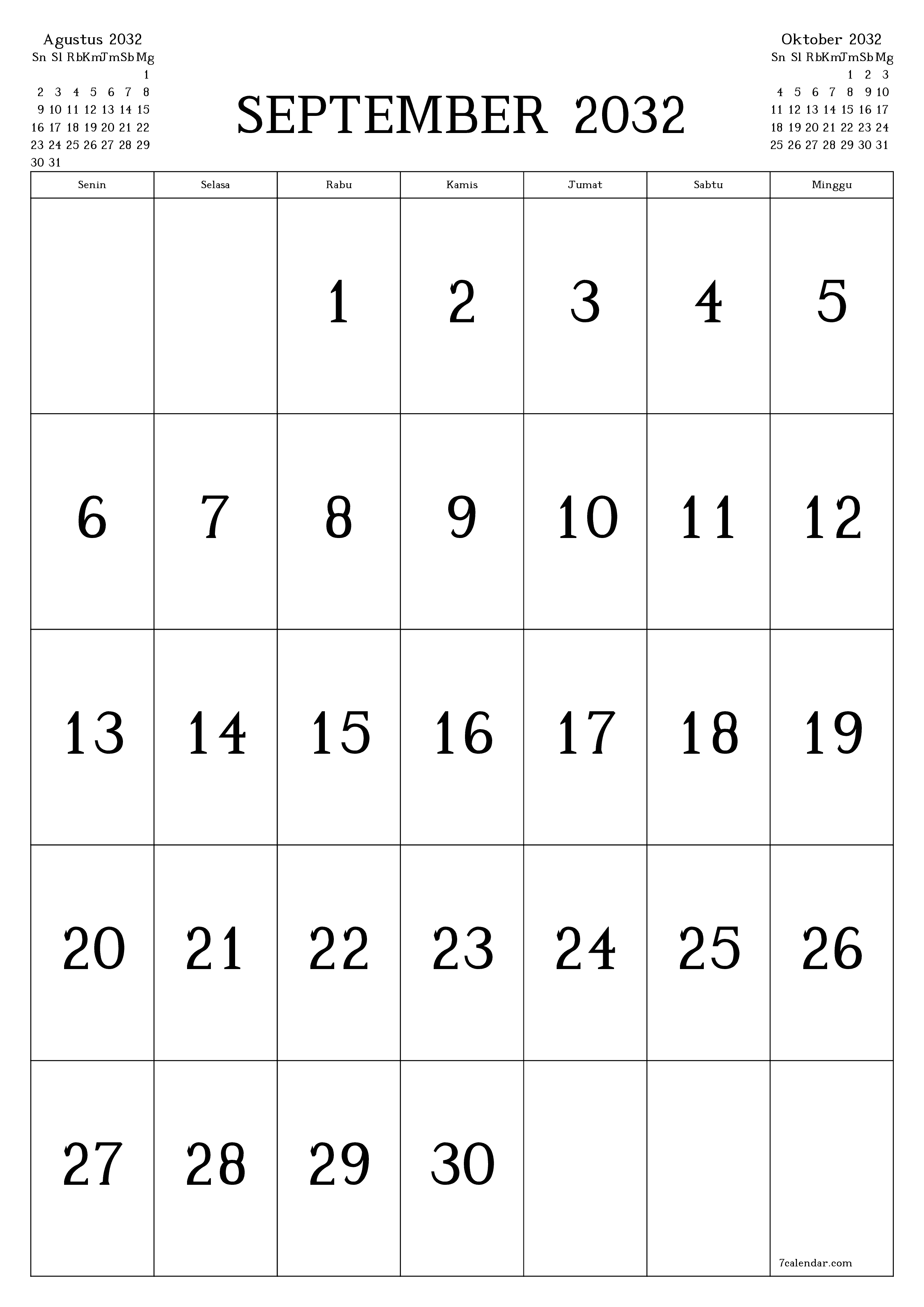  yang dapat dicetak dinding templat gratisvertikal Bulanan kalender September (Sep) 2032