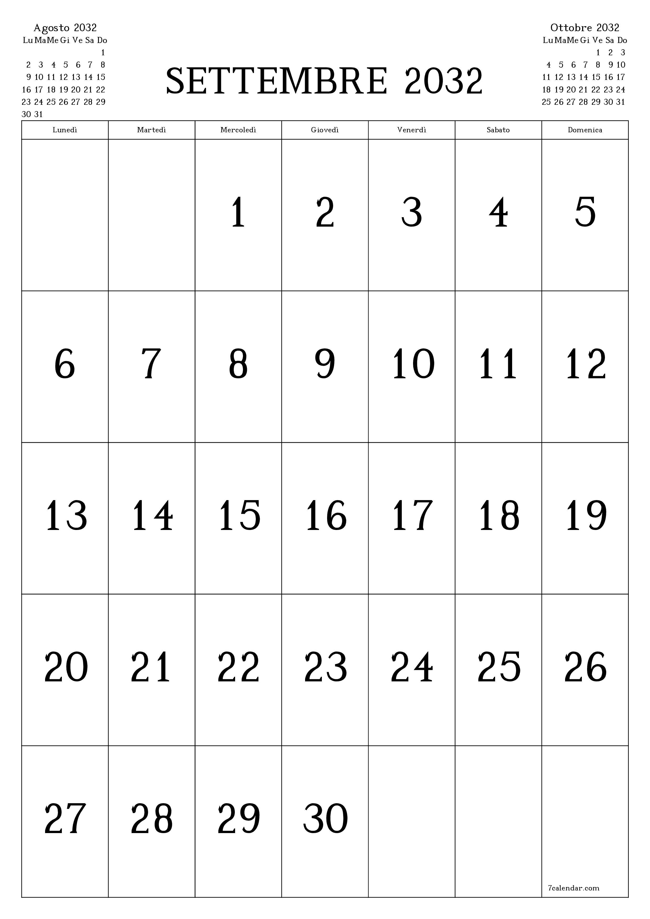  stampabile da parete modello di gratuitoverticale Mensile calendario Settembre (Set) 2032