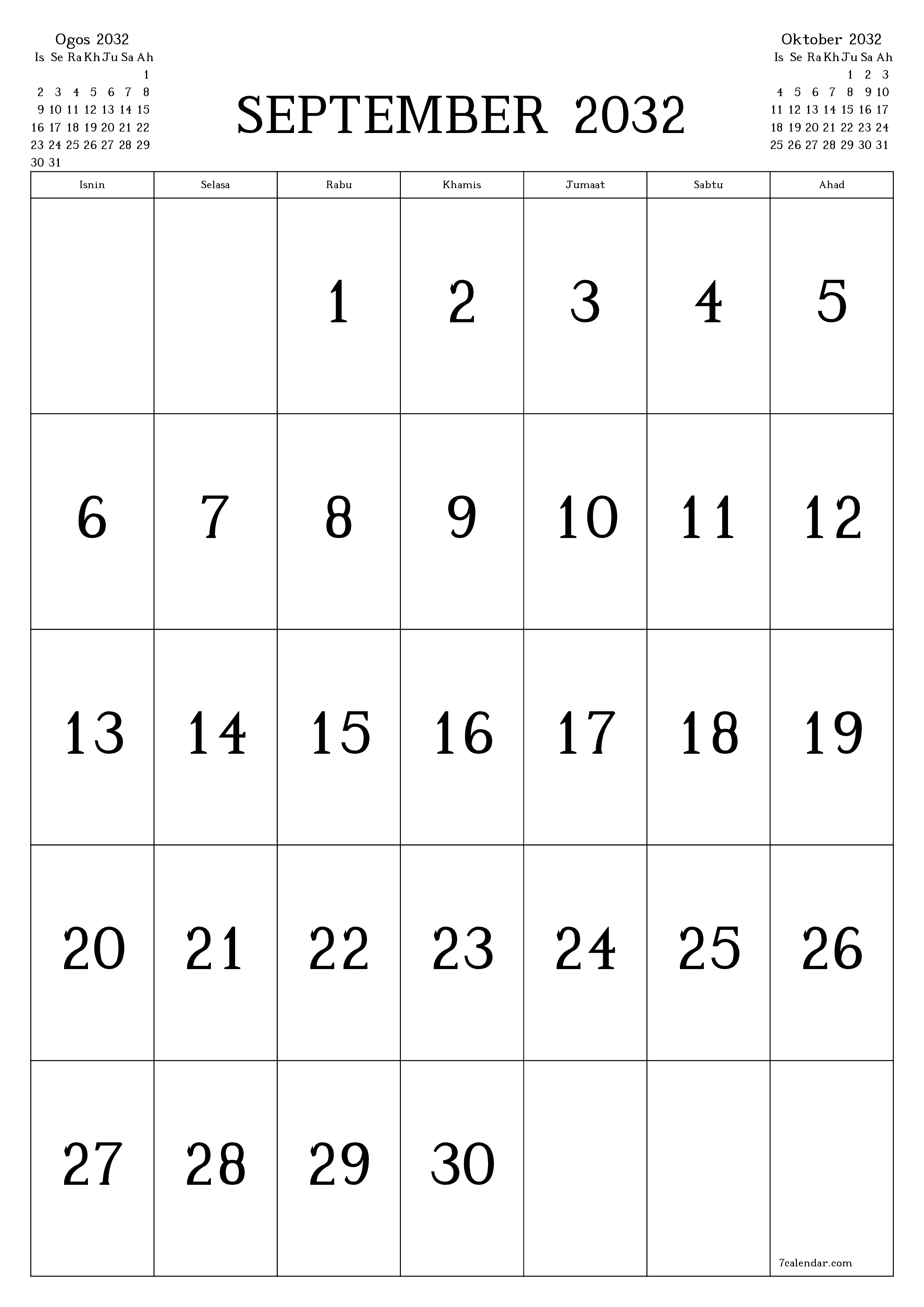 boleh cetak dinding templat percumamenegak Bulanan kalendar September (Sep) 2032