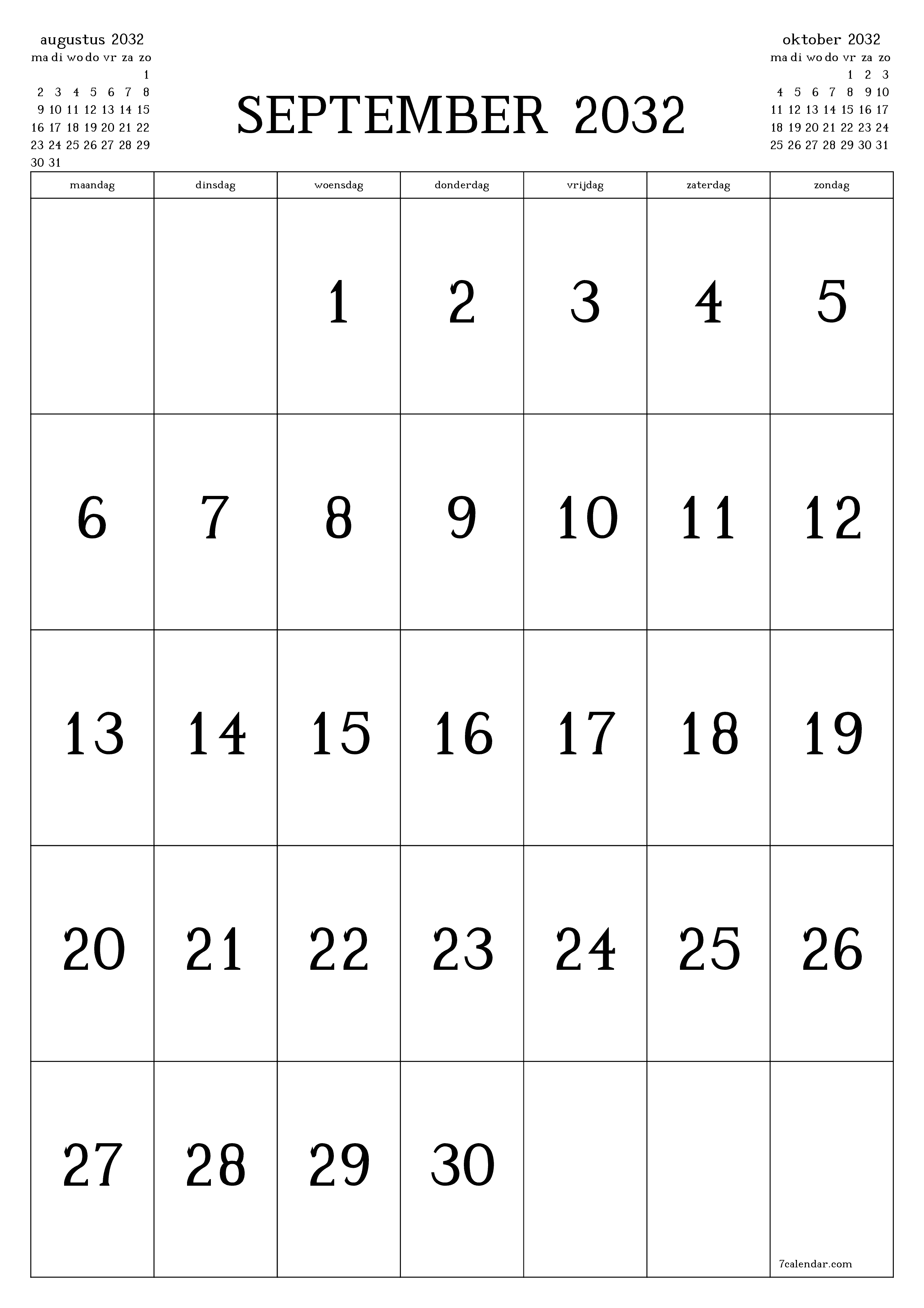 afdrukbare muur sjabloon gratis verticaal Maandelijks kalender september (sep) 2032