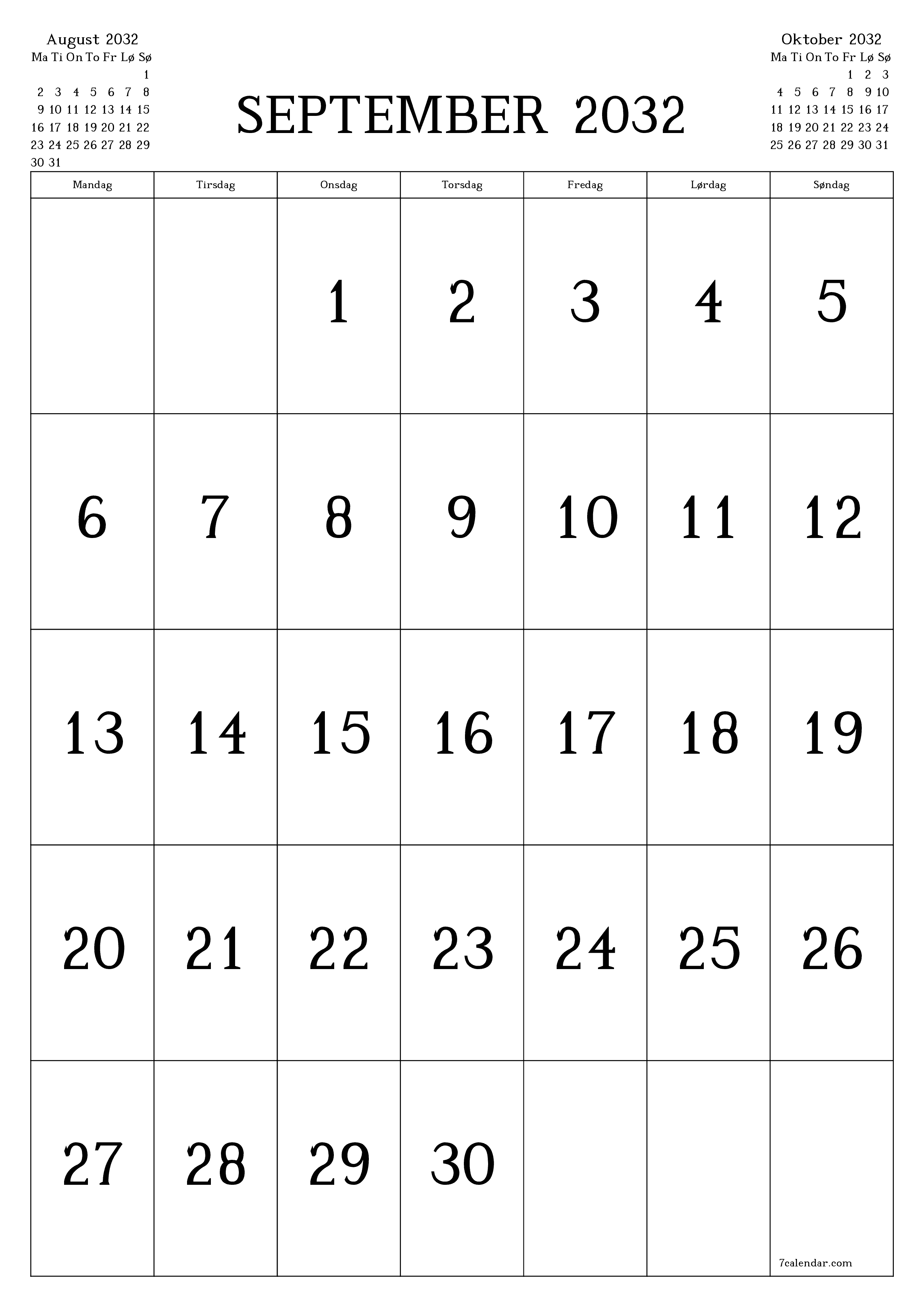 utskrivbar vegg mal gratis vertikal Månedlig kalender September (Sep) 2032