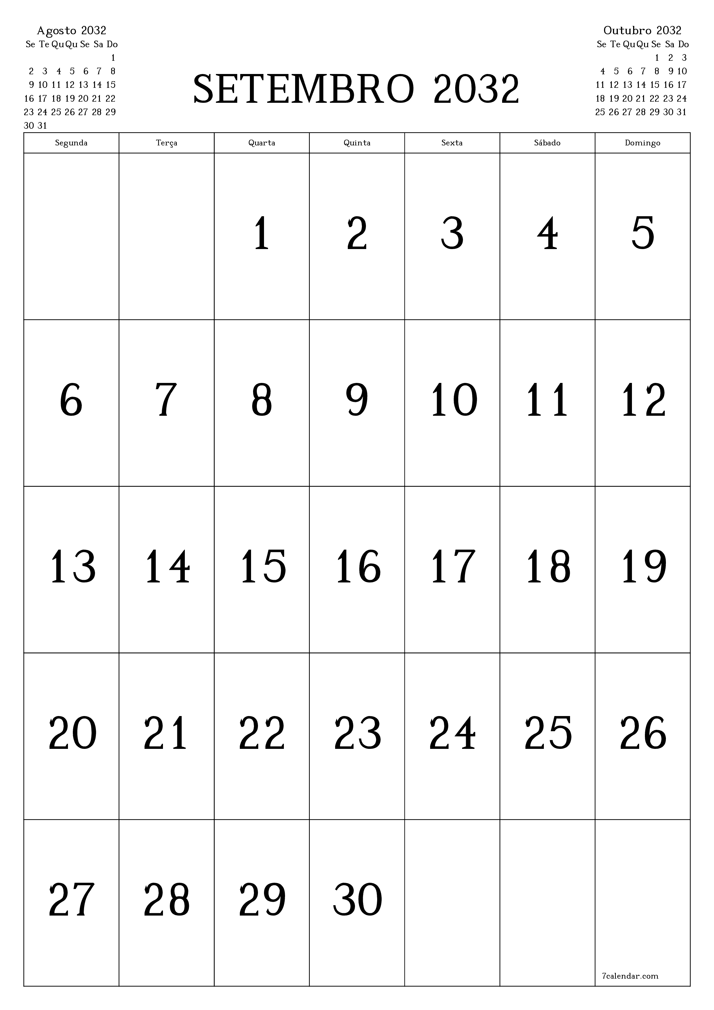  para impressão de parede modelo de grátisvertical Mensal calendário Setembro (Set) 2032