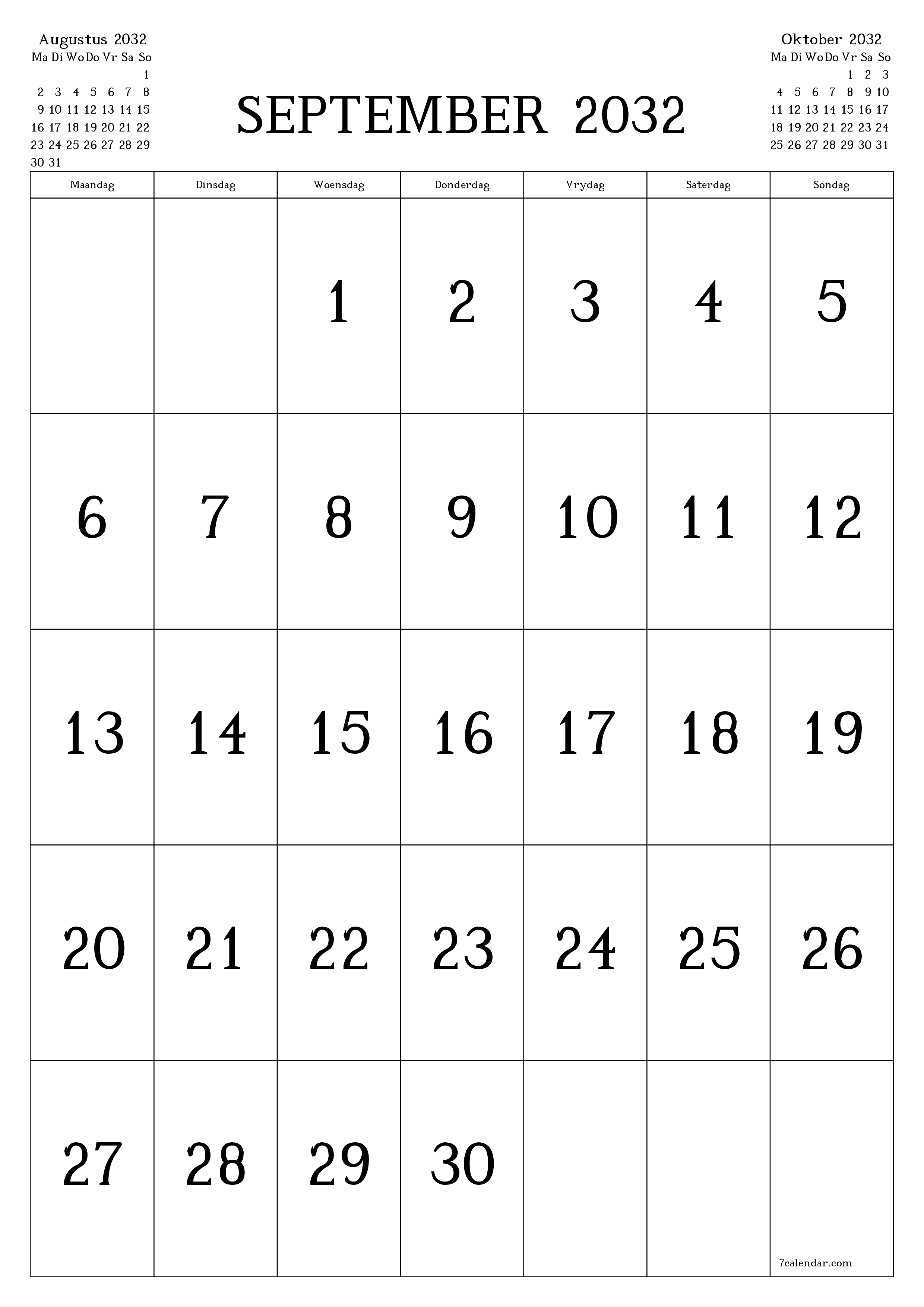 drukbare muur template gratis vertikaal Maandeliks kalender September (Sep) 2032