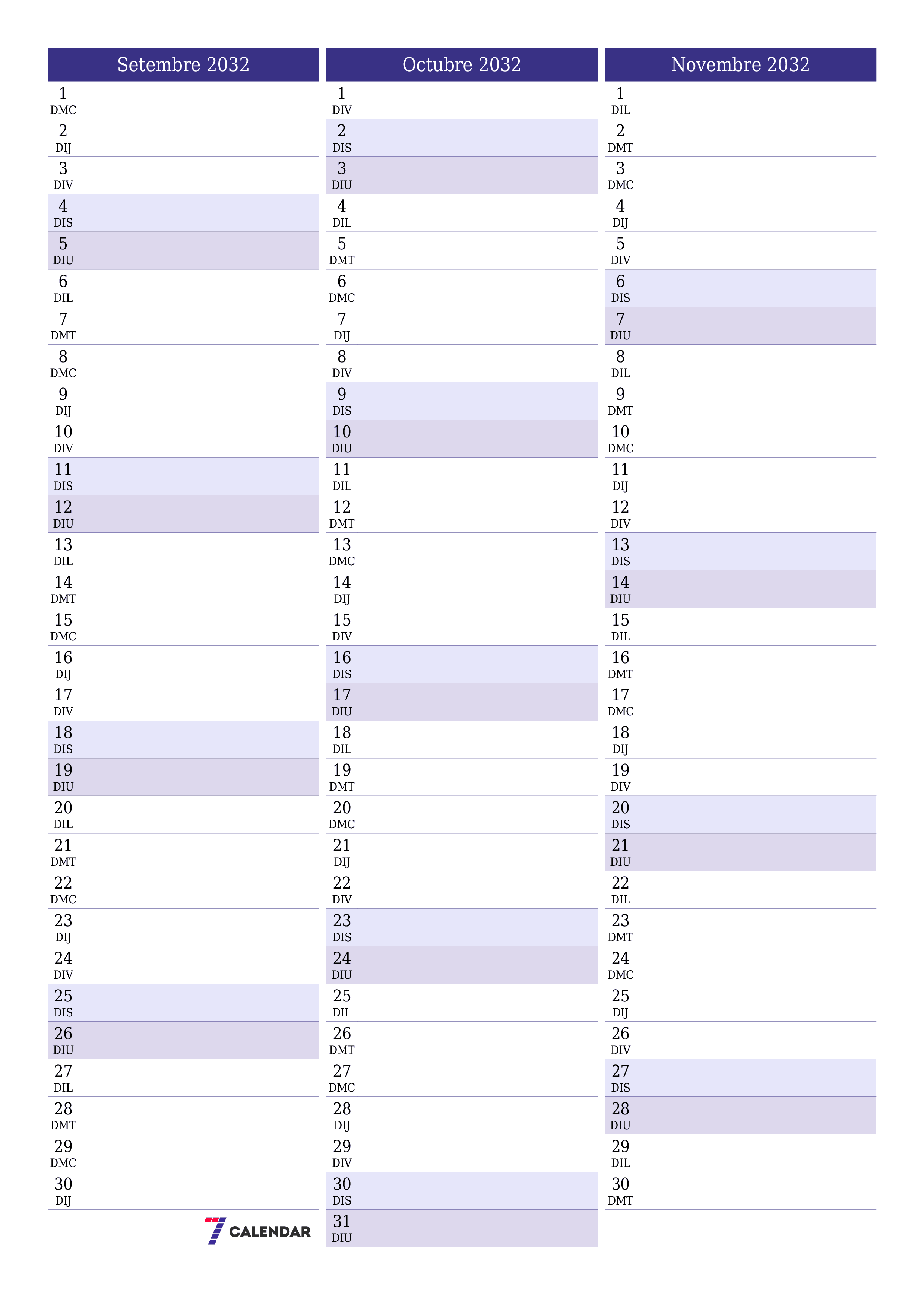  imprimible de paret plantilla de gratuïtvertical Mensual planificador calendari Setembre (Set) 2032