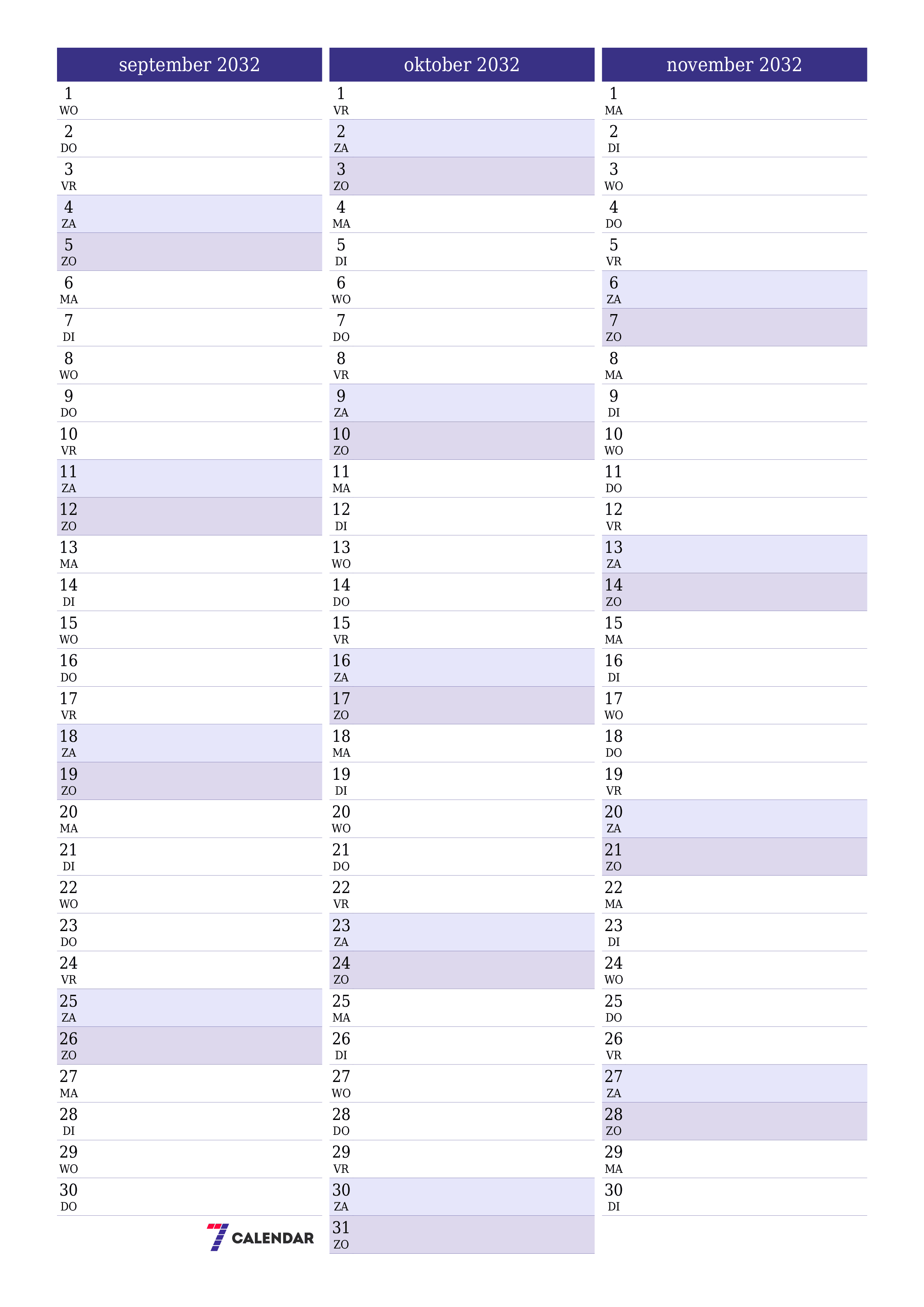 afdrukbare muur sjabloon gratis verticaal Maandelijks planner kalender september (sep) 2032