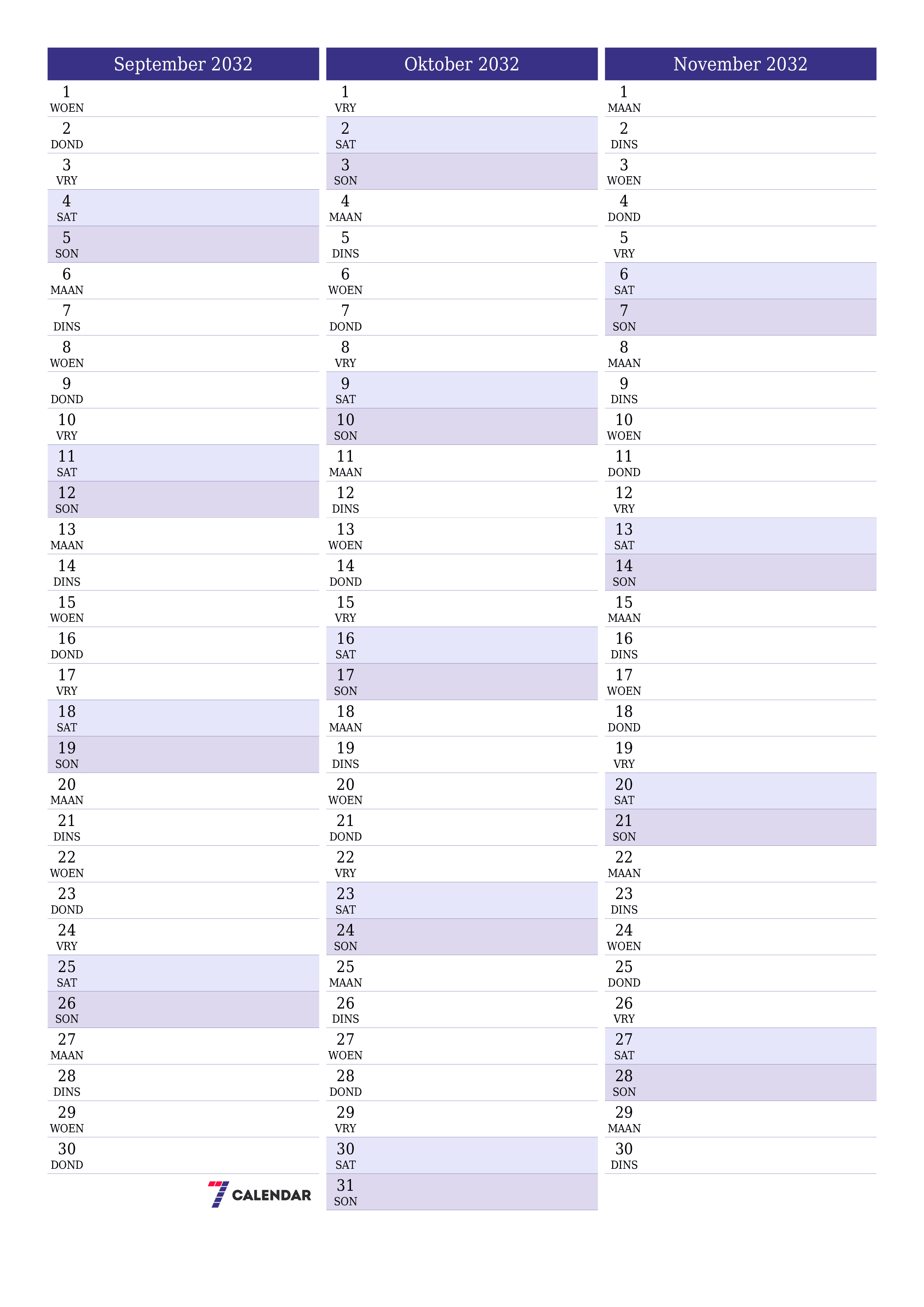 drukbare muur template gratis vertikaal Maandeliks beplanner kalender September (Sep) 2032