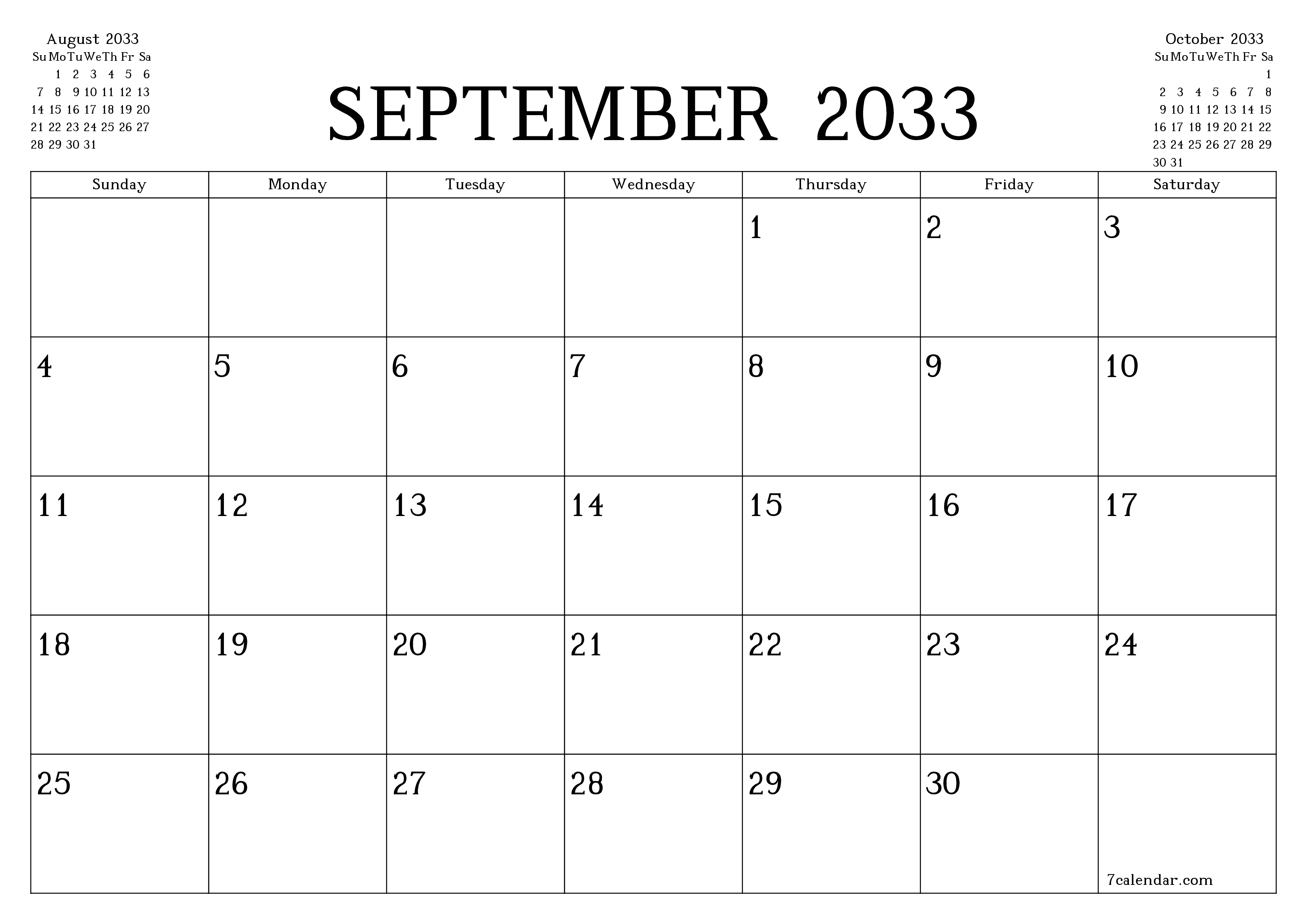 Blank calendar September 2033