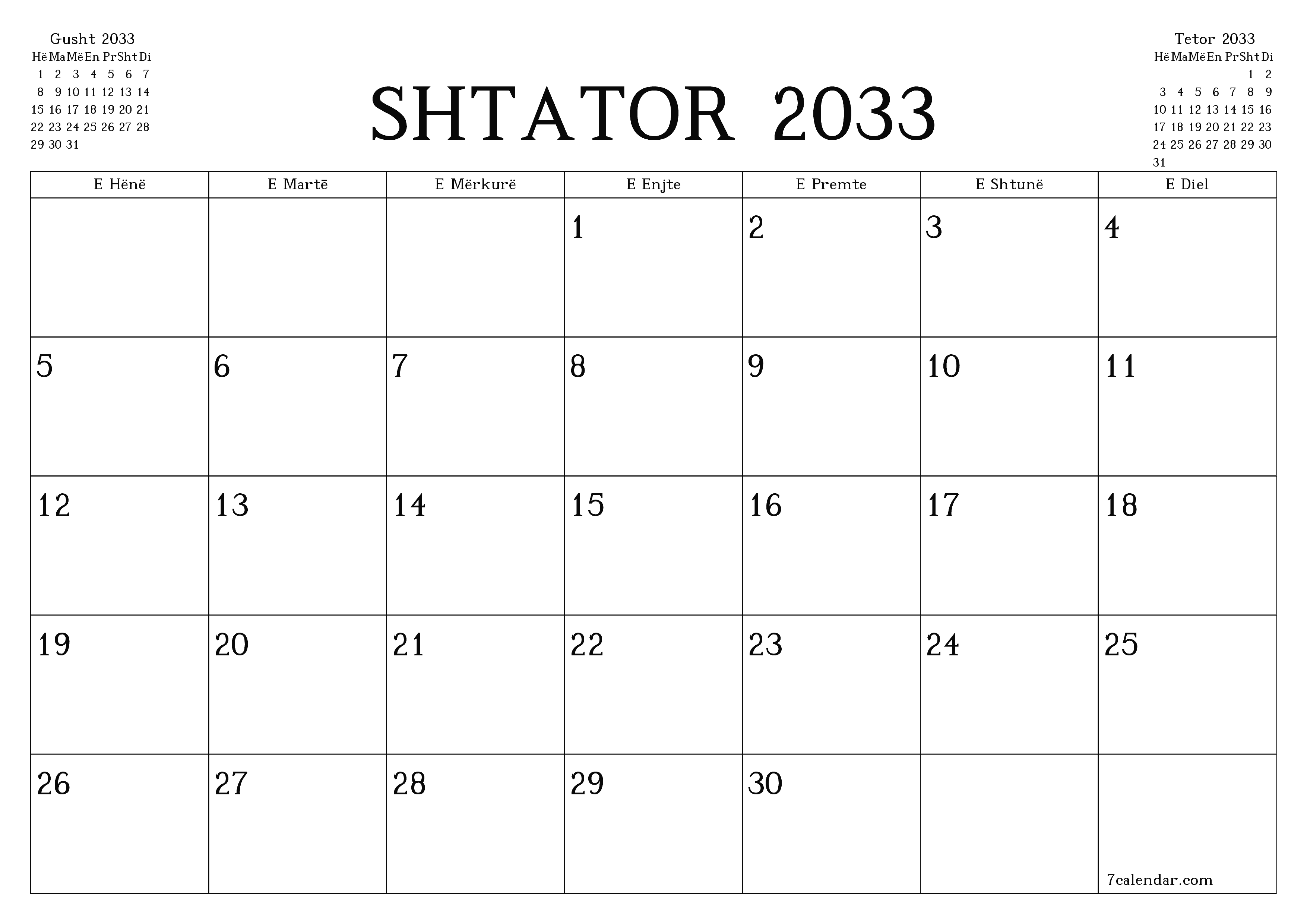 Planifikuesi i zbrazët i kalendarit mujor për muajin Shtator 2033 me shënime të ruajtura dhe të printuara në PDF PNG Albanian