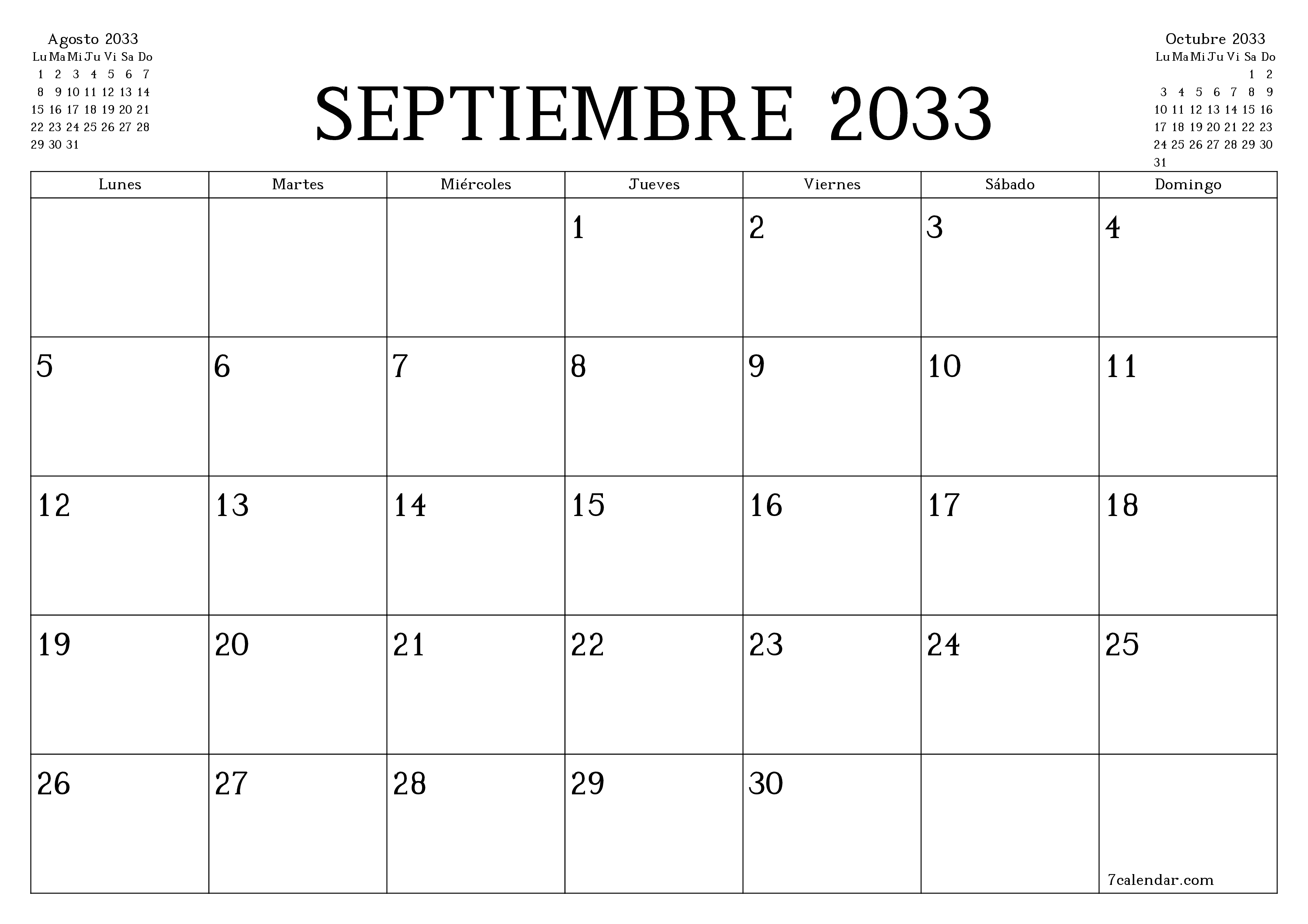 Planificador mensual vacío para el mes Septiembre 2033 con notas, guardar e imprimir en PDF PNG Spanish