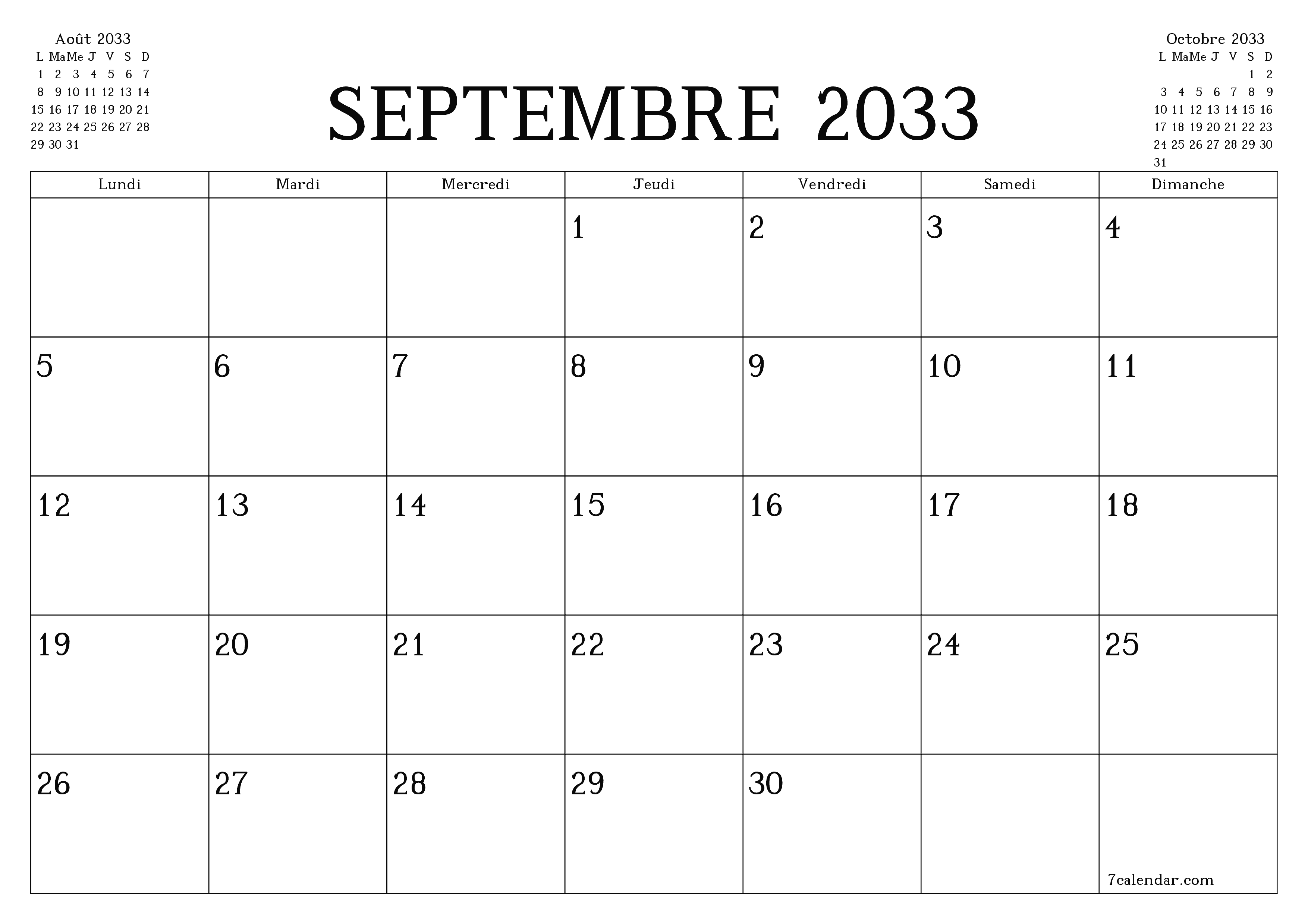 Agenda mensuel vide pour le mois Septembre 2033 avec notes, enregistrez et imprimez au format PDF PNG French