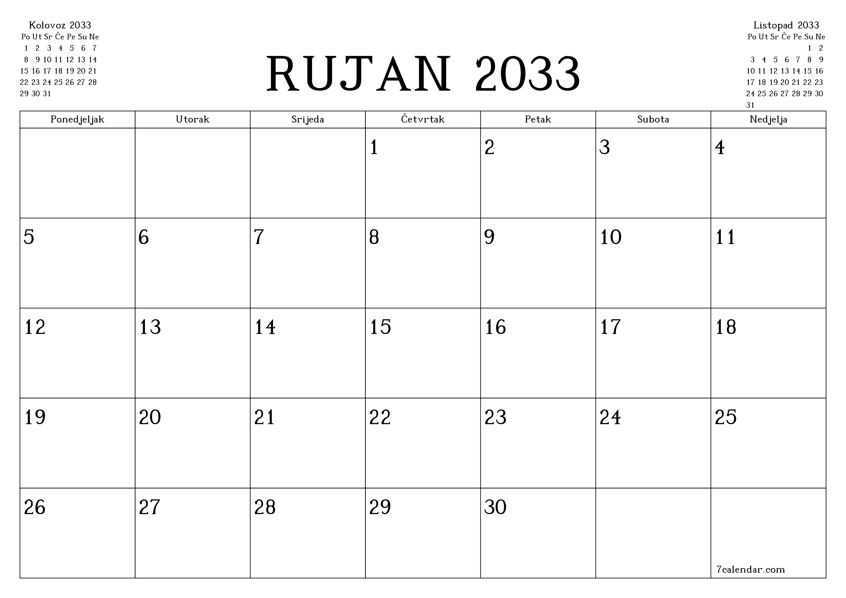 Ispraznite mjesečni planer za mjesec Rujan 2033 s bilješkama, spremite i ispišite u PDF PNG Croatian