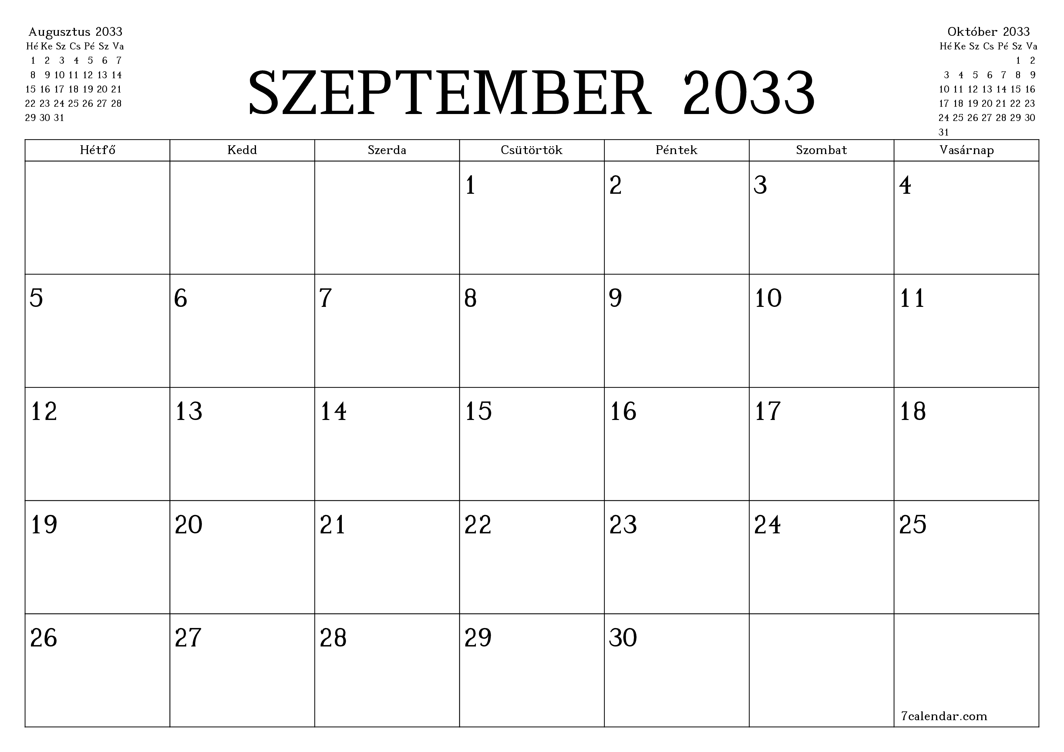 Üres havi tervező a Szeptember 2033 hónapra jegyzetekkel, mentés és nyomtatás PDF-be PNG Hungarian