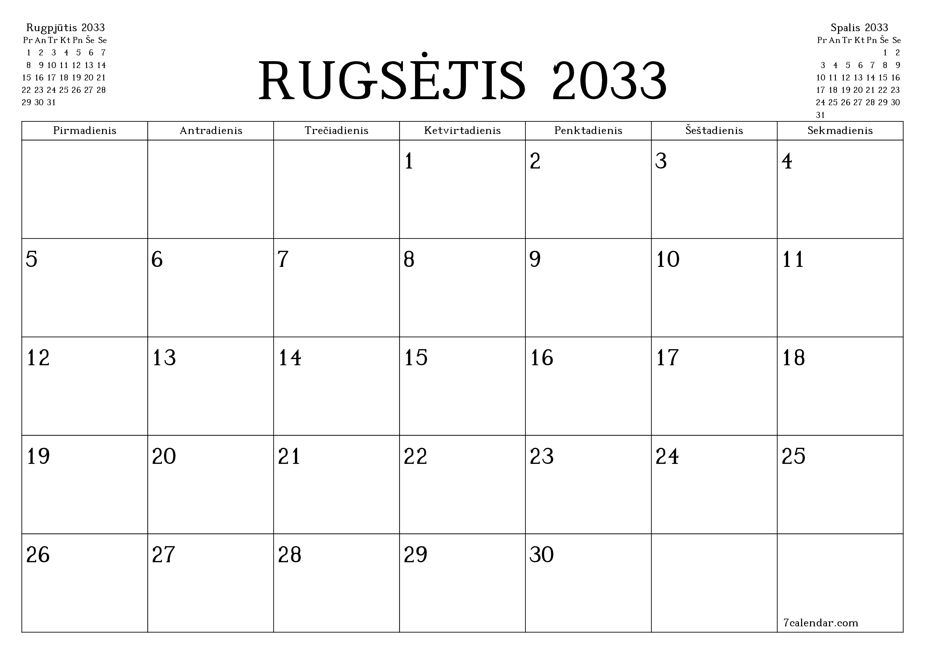 Ištuštinti mėnesio Rugsėjis 2033 mėnesio planavimo priemonę su užrašais, išsaugoti ir atsispausdinti PDF formate PNG Lithuanian