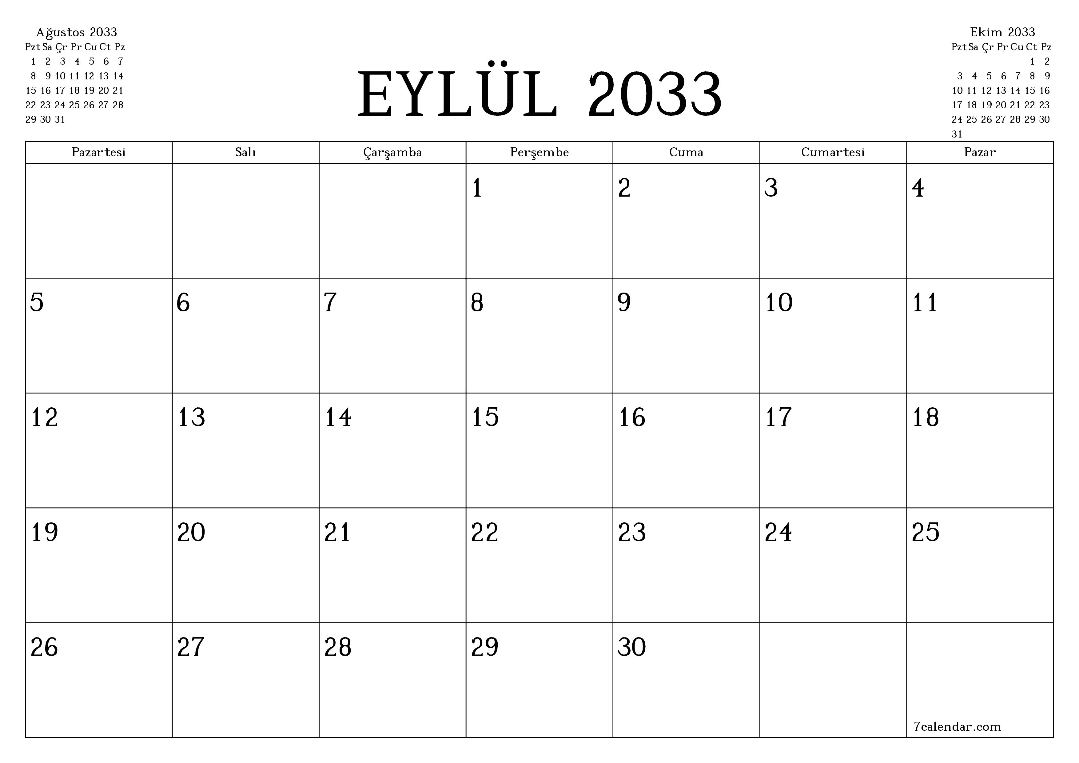 Eylül 2033 ayı için notlarla birlikte boş aylık planlayıcı, kaydedin ve PDF'ye yazdırın PNG Turkish