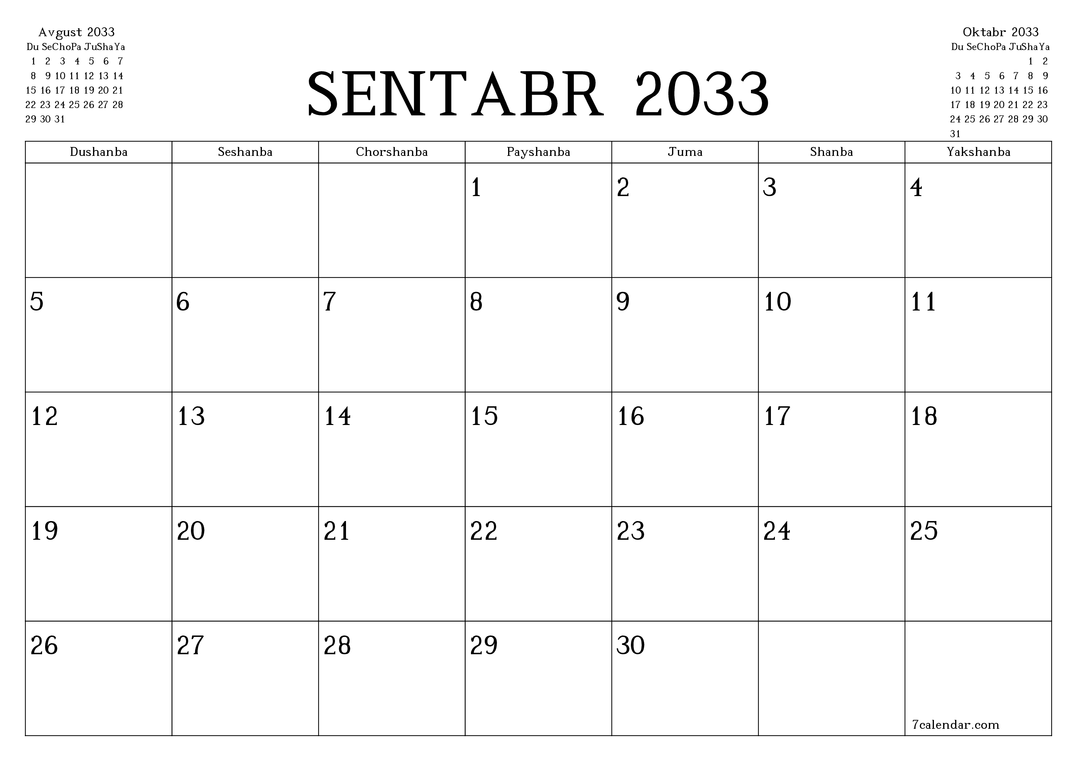 Sentabr 2033 oylik oylik rejalashtiruvchini yozuvlar bilan bo'shatish, saqlash va PDF-ga chop etish PNG Uzbek