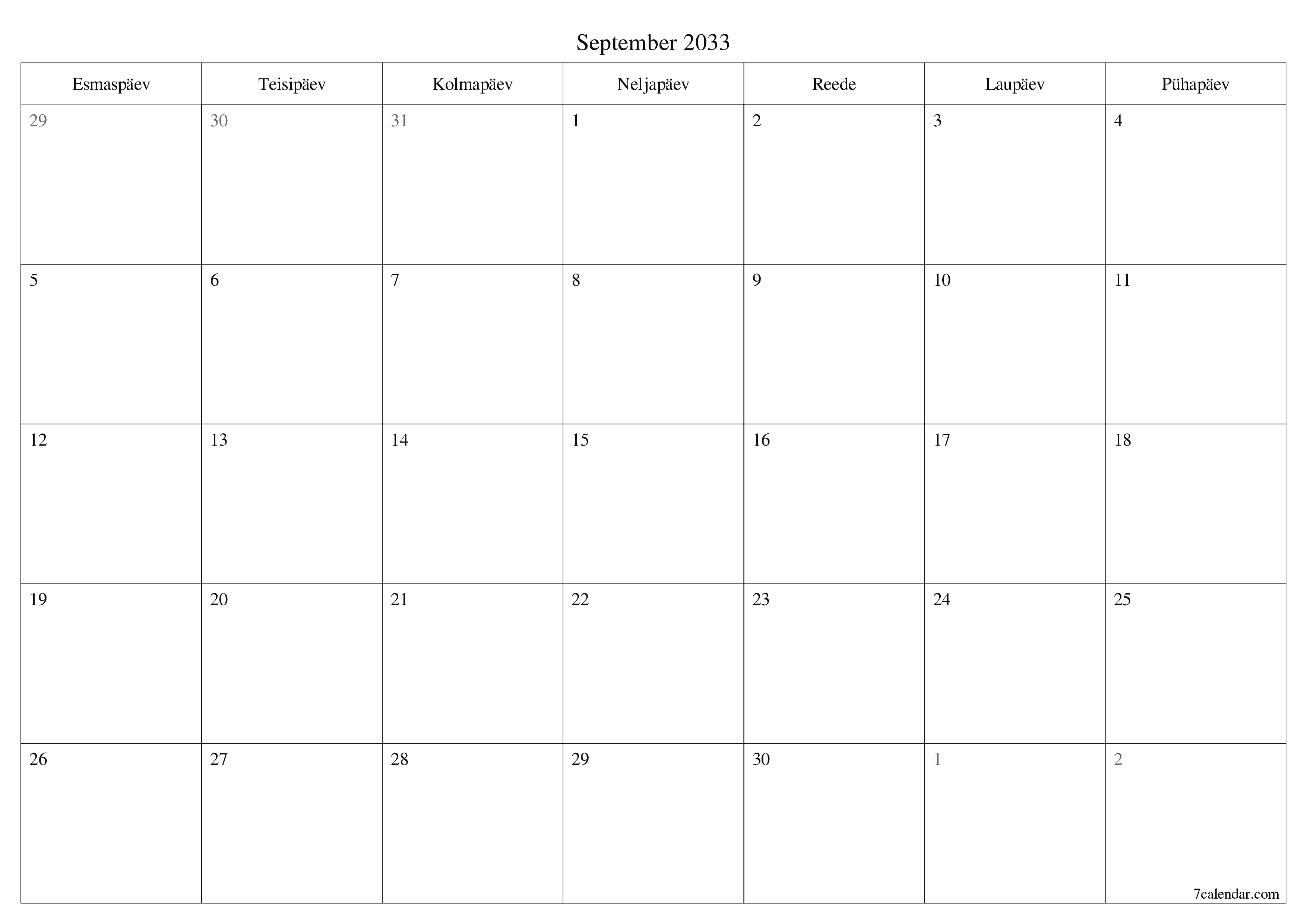 Tühjendage kuu September 2033 kuuplaneerija märkmetega, salvestage ja printige PDF-i PNG Estonian