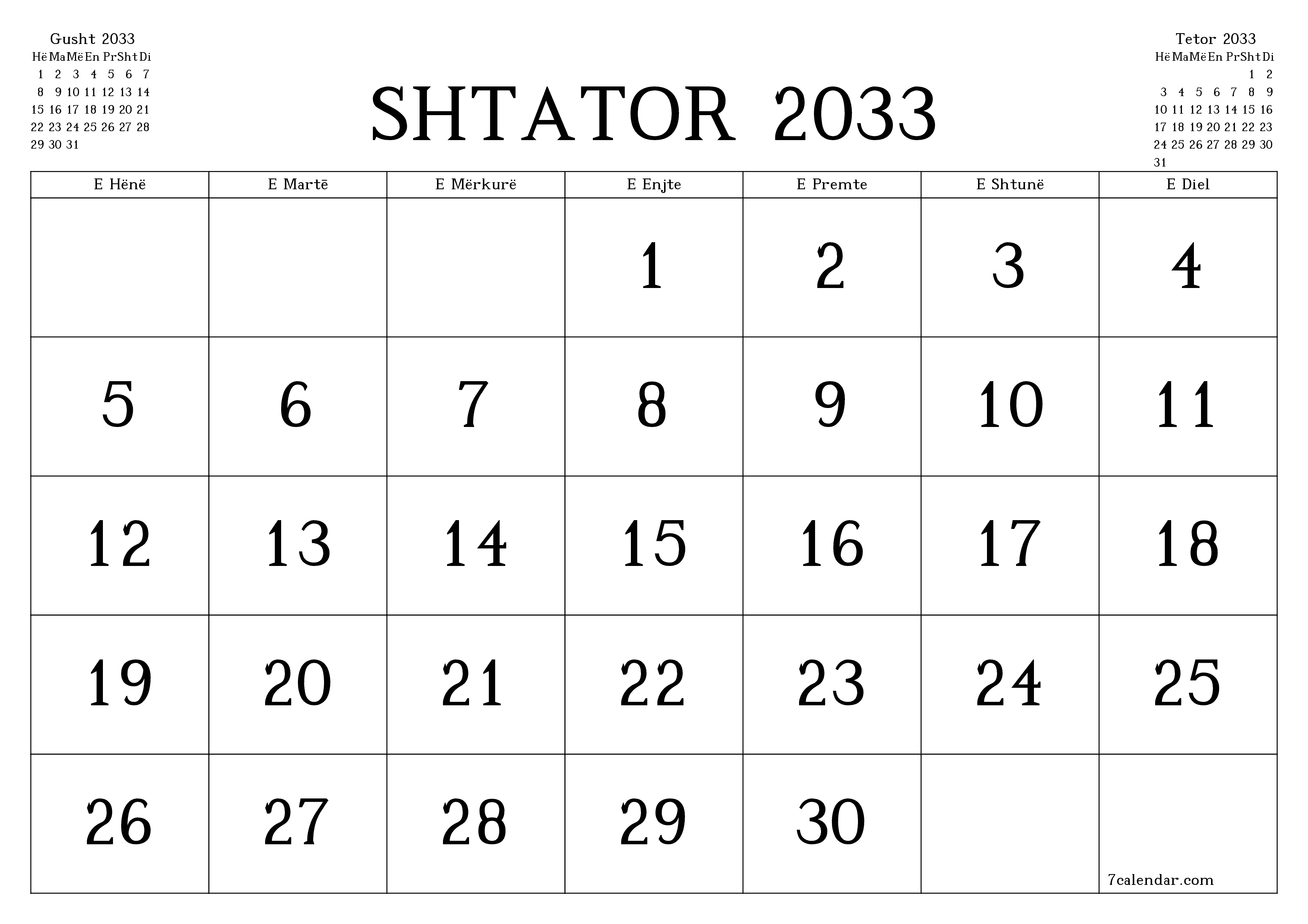 Planifikuesi i zbrazët i kalendarit mujor për muajin Shtator 2033 me shënime të ruajtura dhe të printuara në PDF PNG Albanian