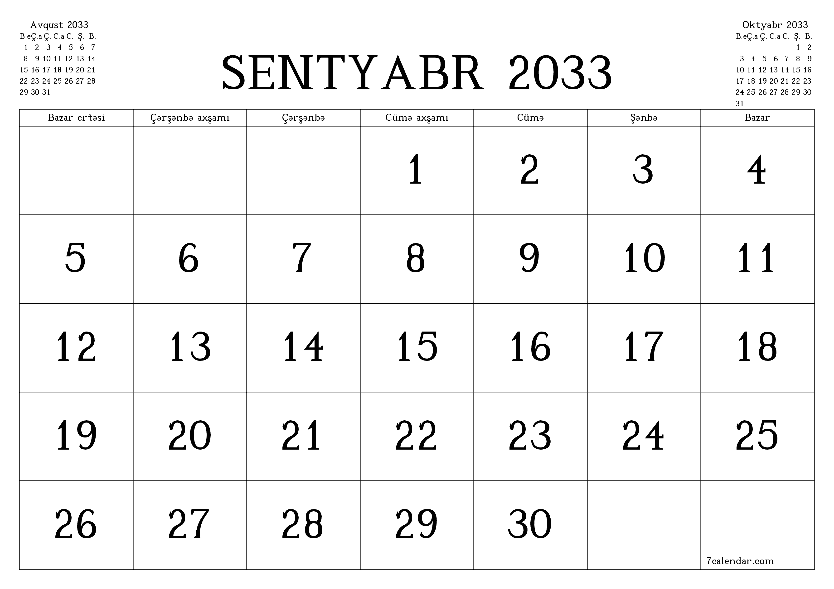 Sentyabr 2033 ayı üçün qeydlər ilə boş aylıq planlayıcı, qeyd edin və PDF-ə yazdırın PNG Azerbaijani