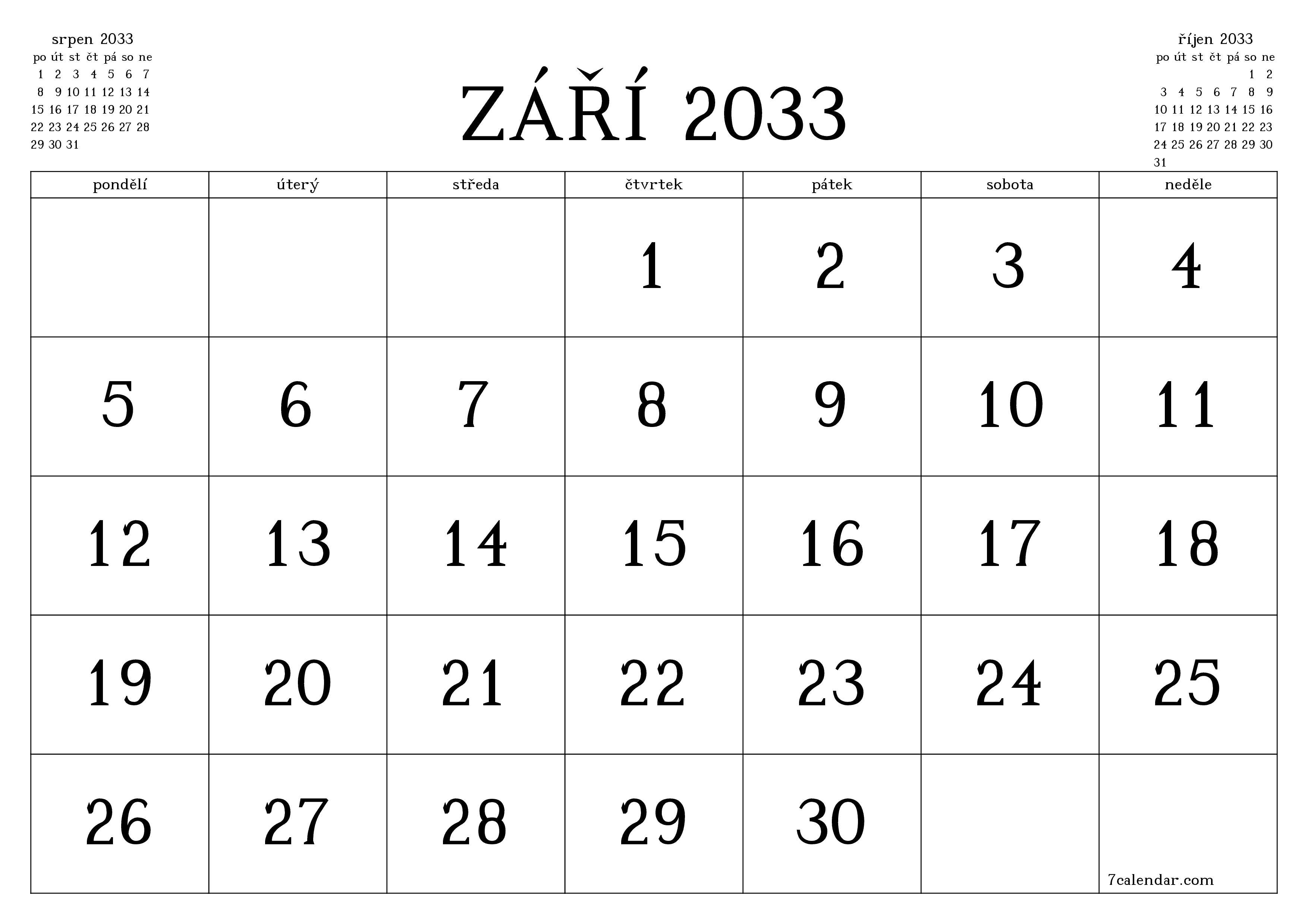 Vyprázdnit měsíční plánovač na měsíc září 2033 s poznámkami, uložit a vytisknout do PDF PNG Czech