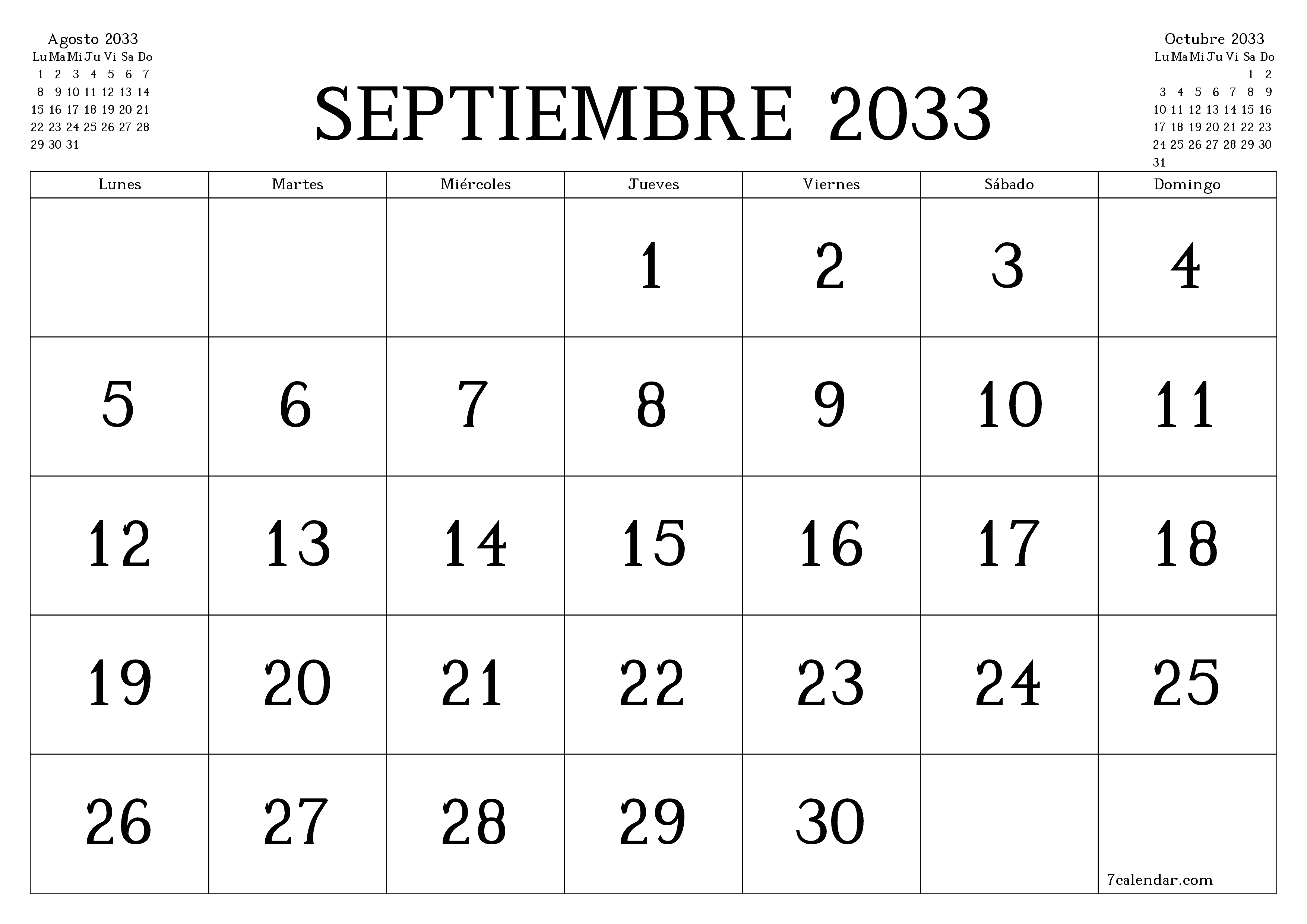 Planificador mensual vacío para el mes Septiembre 2033 con notas, guardar e imprimir en PDF PNG Spanish