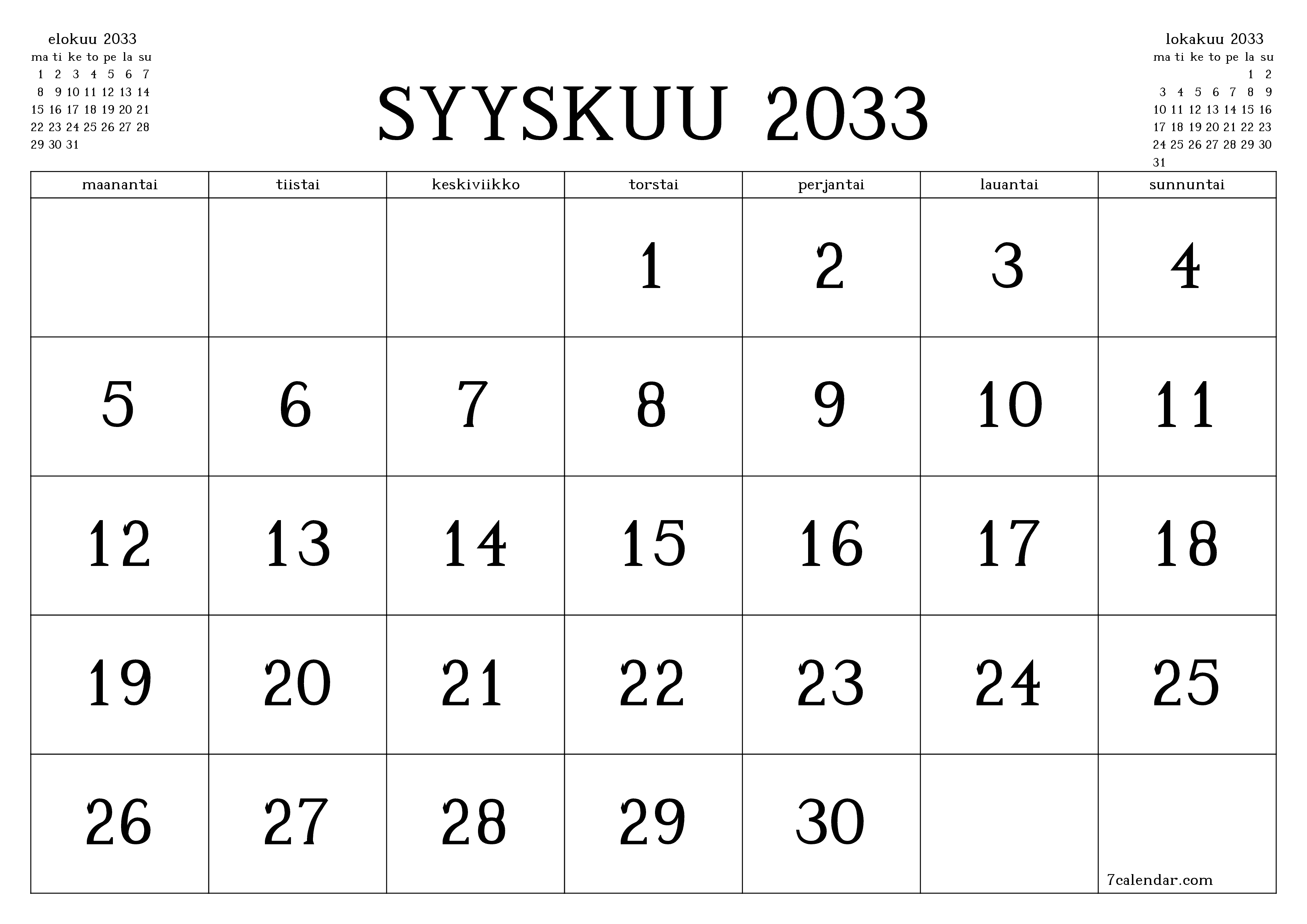 Tyhjennä kuukausittainen suunnittelija kuukaudelle Syyskuu 2033 muistiinpanoilla, tallenna ja tulosta PDF-muotoon PNG Finnish