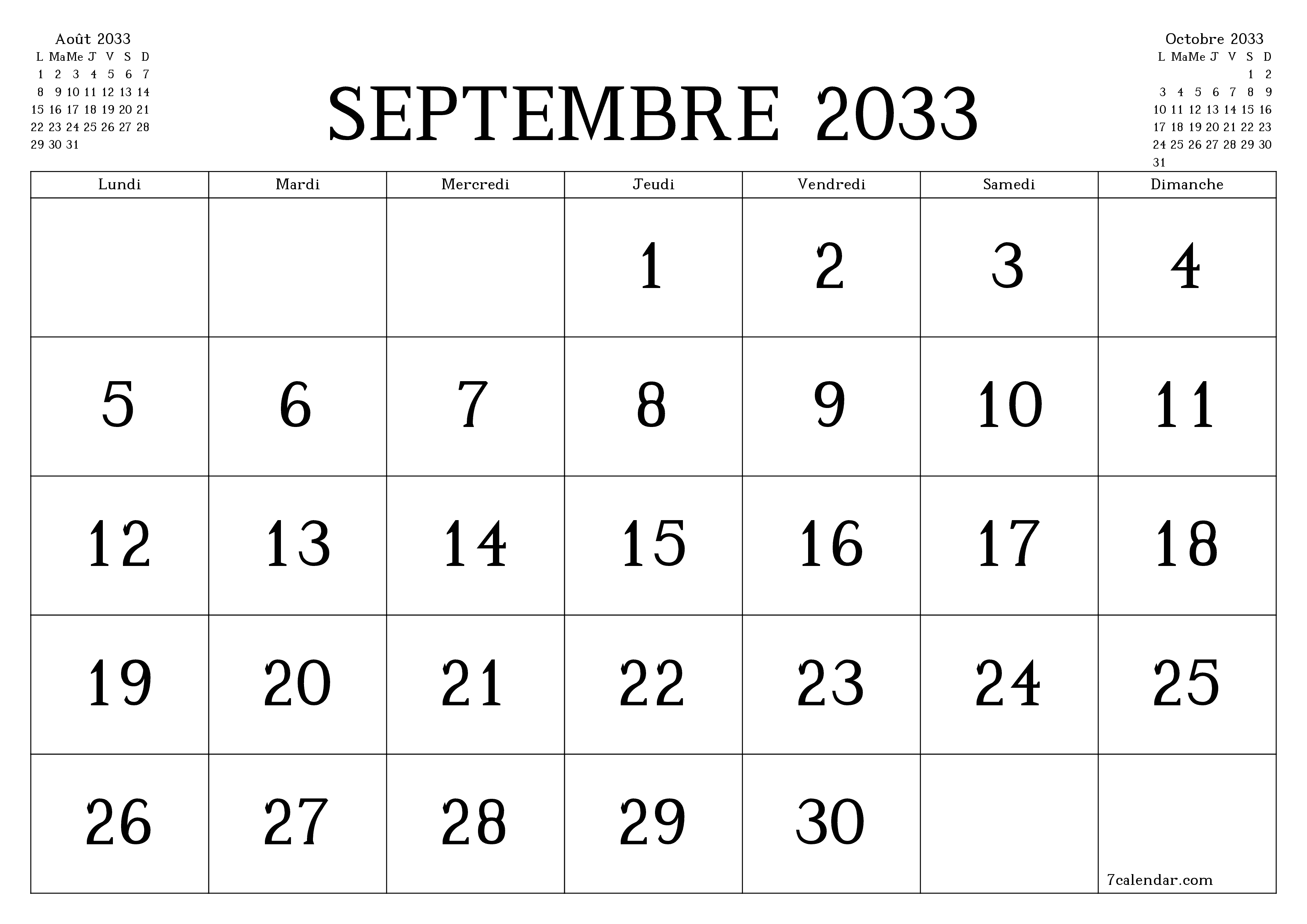 Agenda mensuel vide pour le mois Septembre 2033 avec notes, enregistrez et imprimez au format PDF PNG French