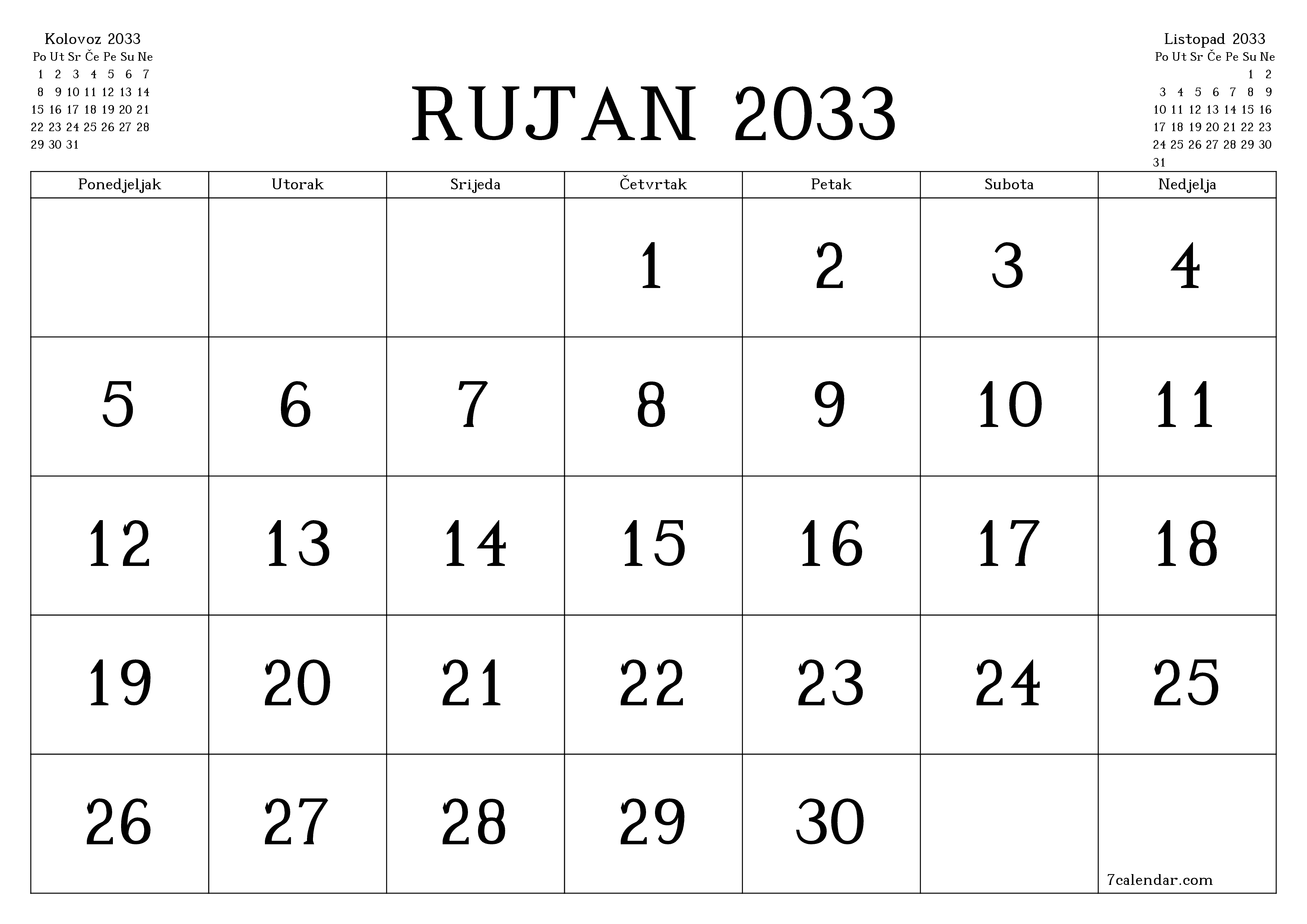 Ispraznite mjesečni planer za mjesec Rujan 2033 s bilješkama, spremite i ispišite u PDF PNG Croatian