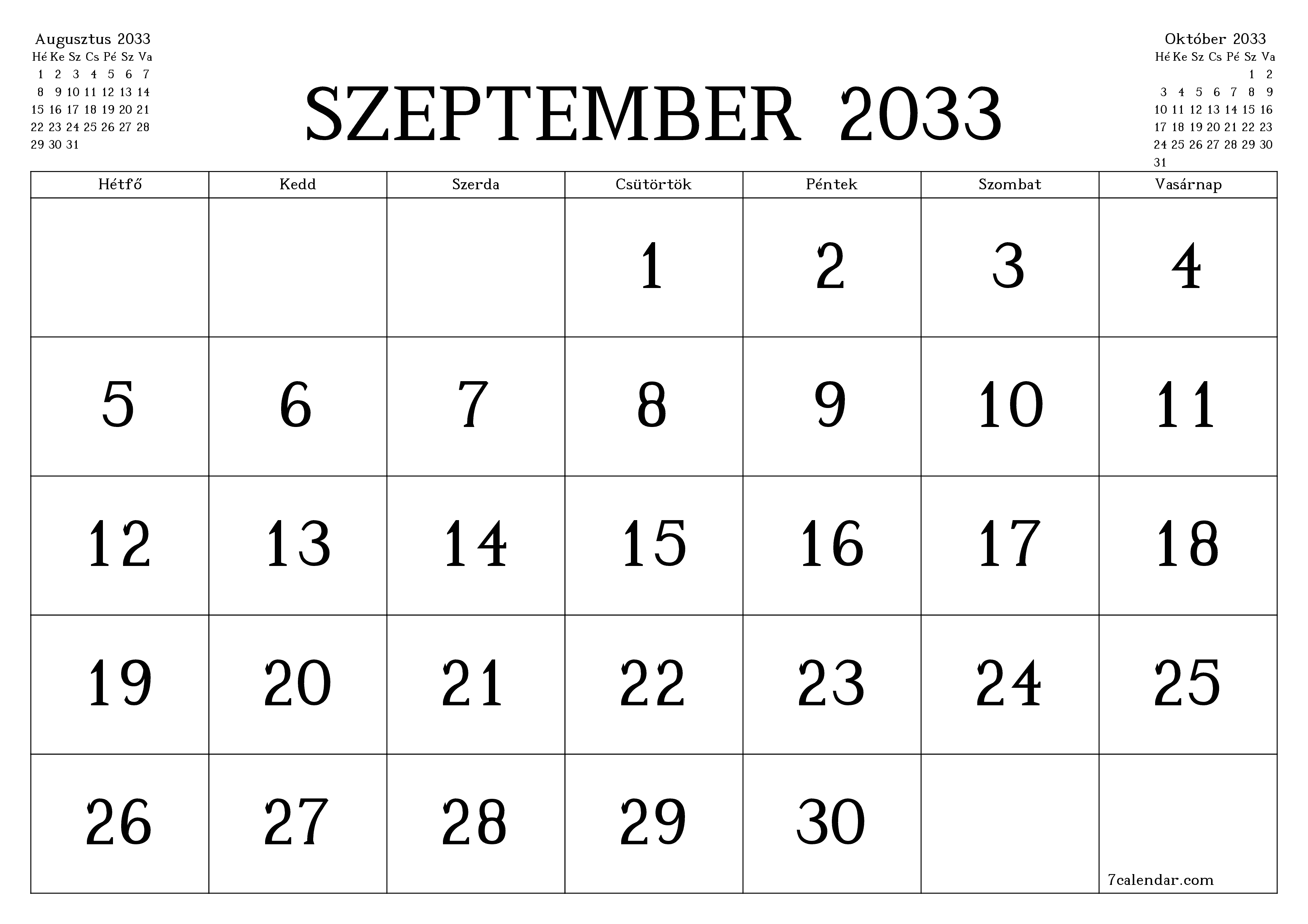 Üres havi tervező a Szeptember 2033 hónapra jegyzetekkel, mentés és nyomtatás PDF-be PNG Hungarian