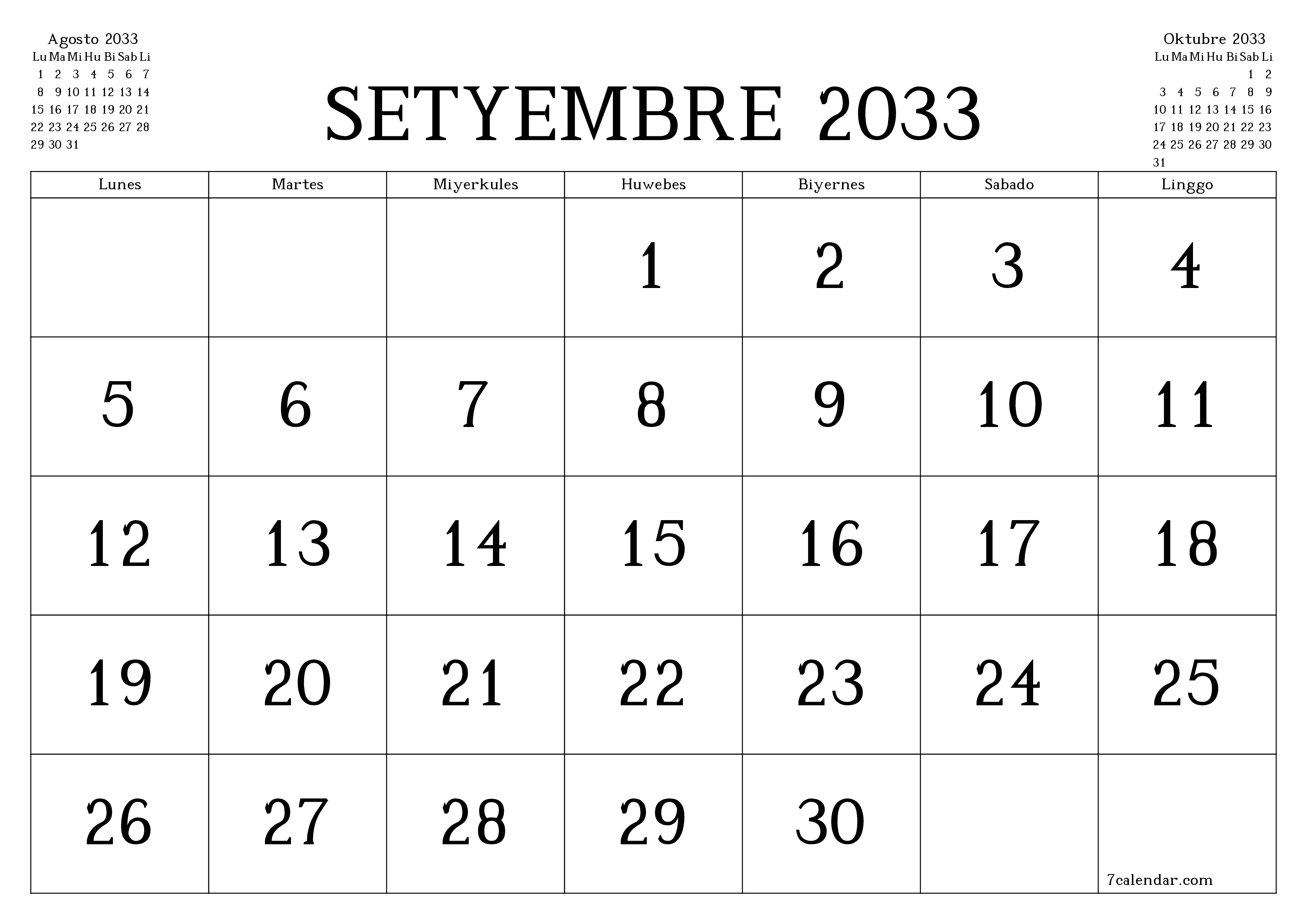 Walang laman na buwanang tagaplano para sa buwan na Setyembre 2033 na may mga tala, i-save at i-print sa PDF PNG Filipino