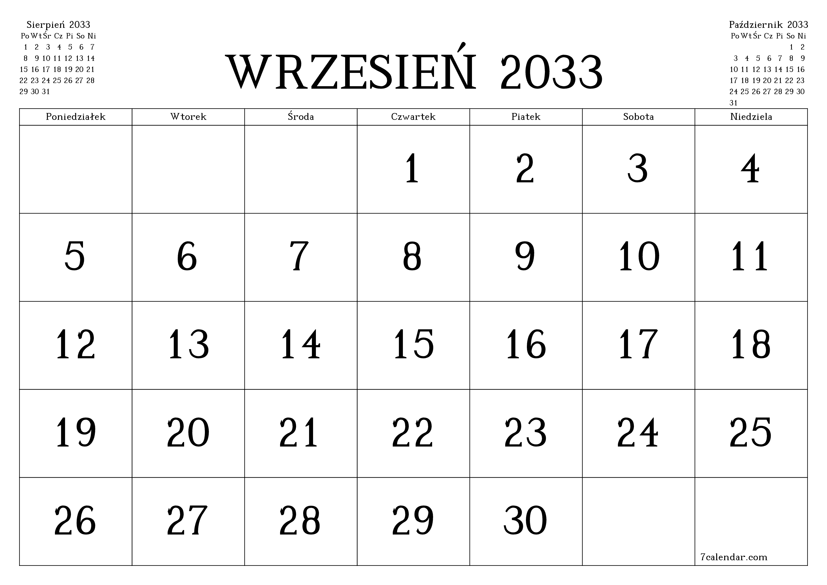 Opróżnij miesięczny planer na miesiąc Wrzesień 2033 z notatkami, zapisz i wydrukuj w formacie PDF PNG Polish