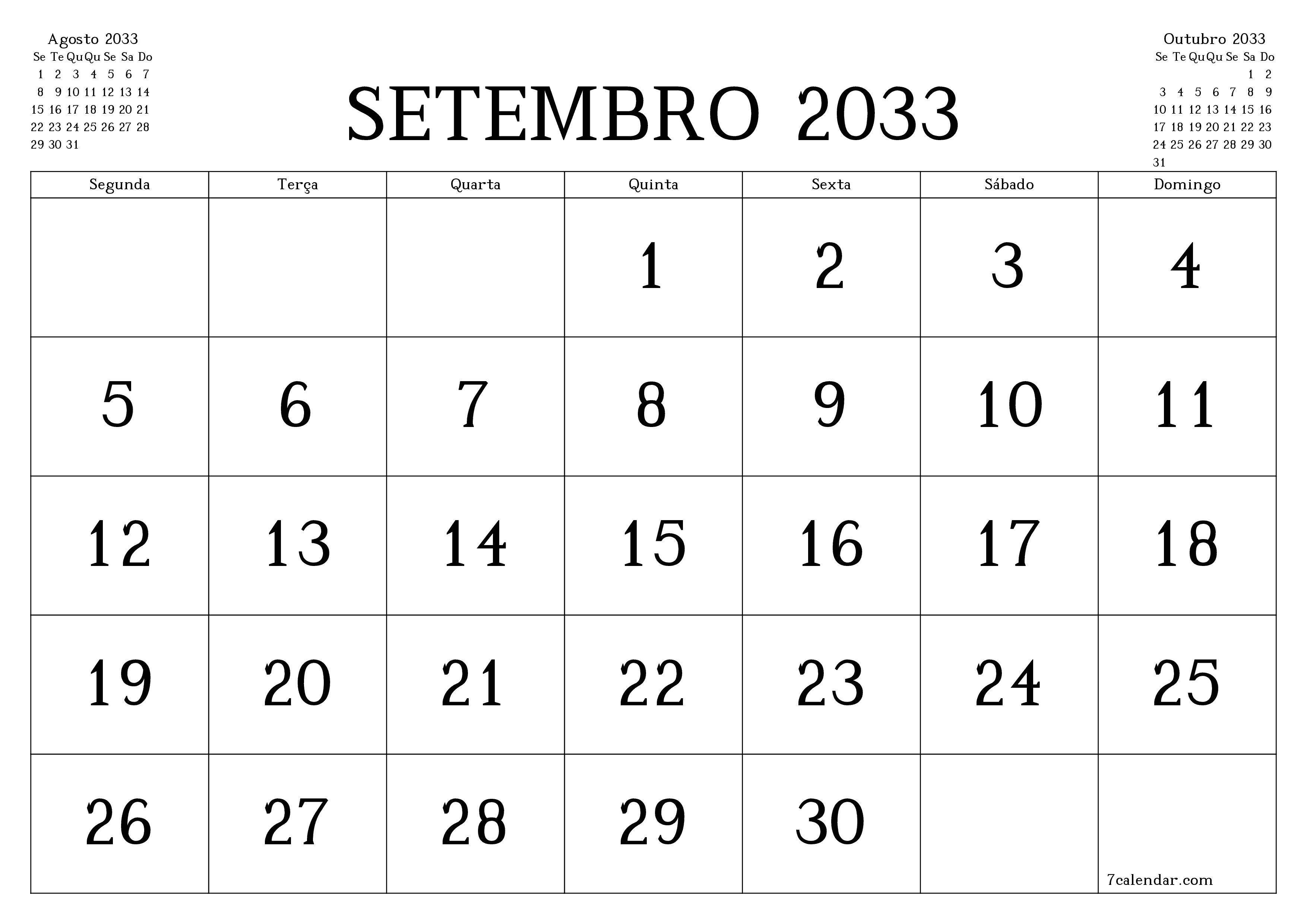 Esvazie o planejador mensal para o mês Setembro 2033 com notas, salve e imprima em PDF PNG Portuguese