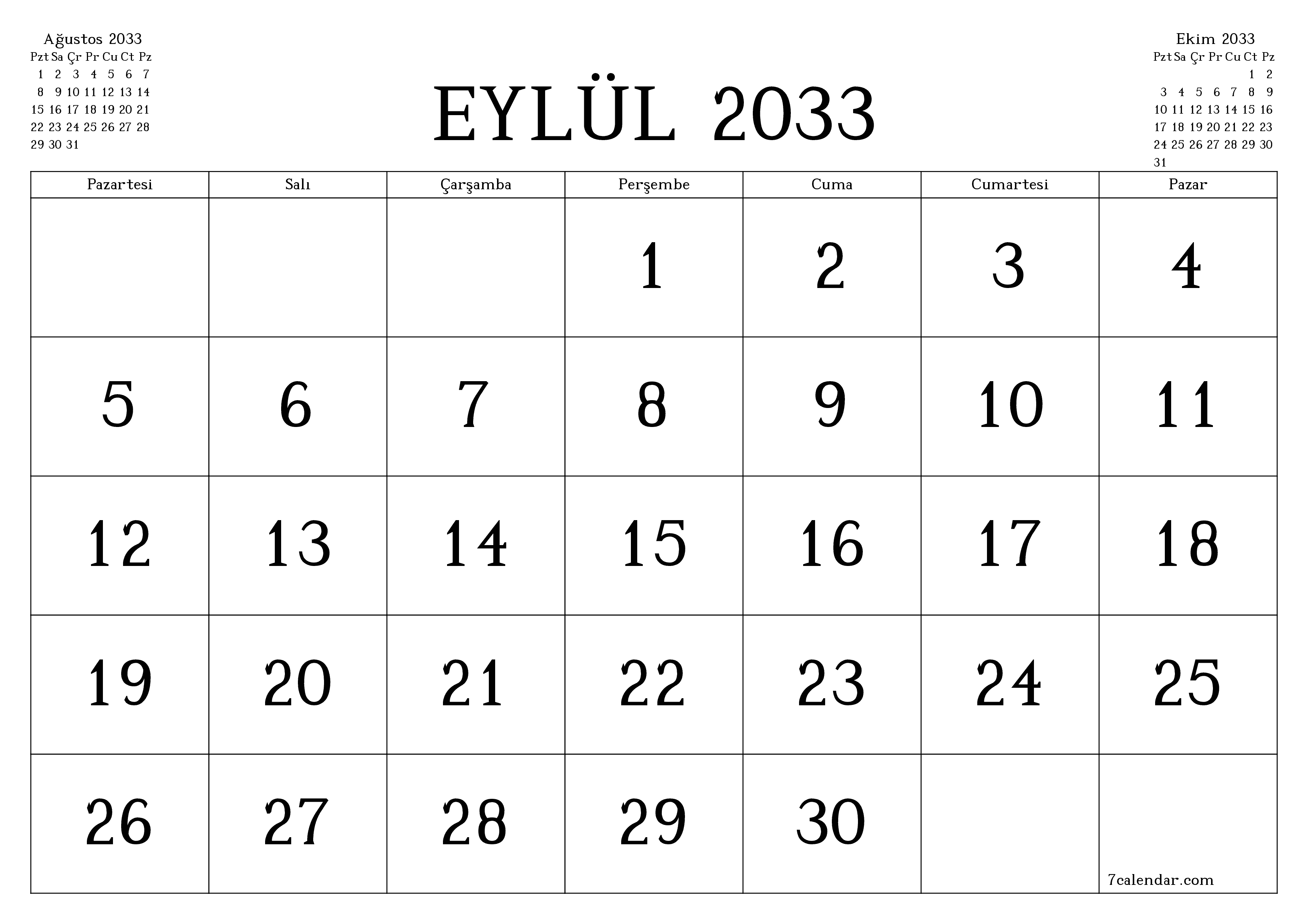 Eylül 2033 ayı için notlarla birlikte boş aylık planlayıcı, kaydedin ve PDF'ye yazdırın PNG Turkish