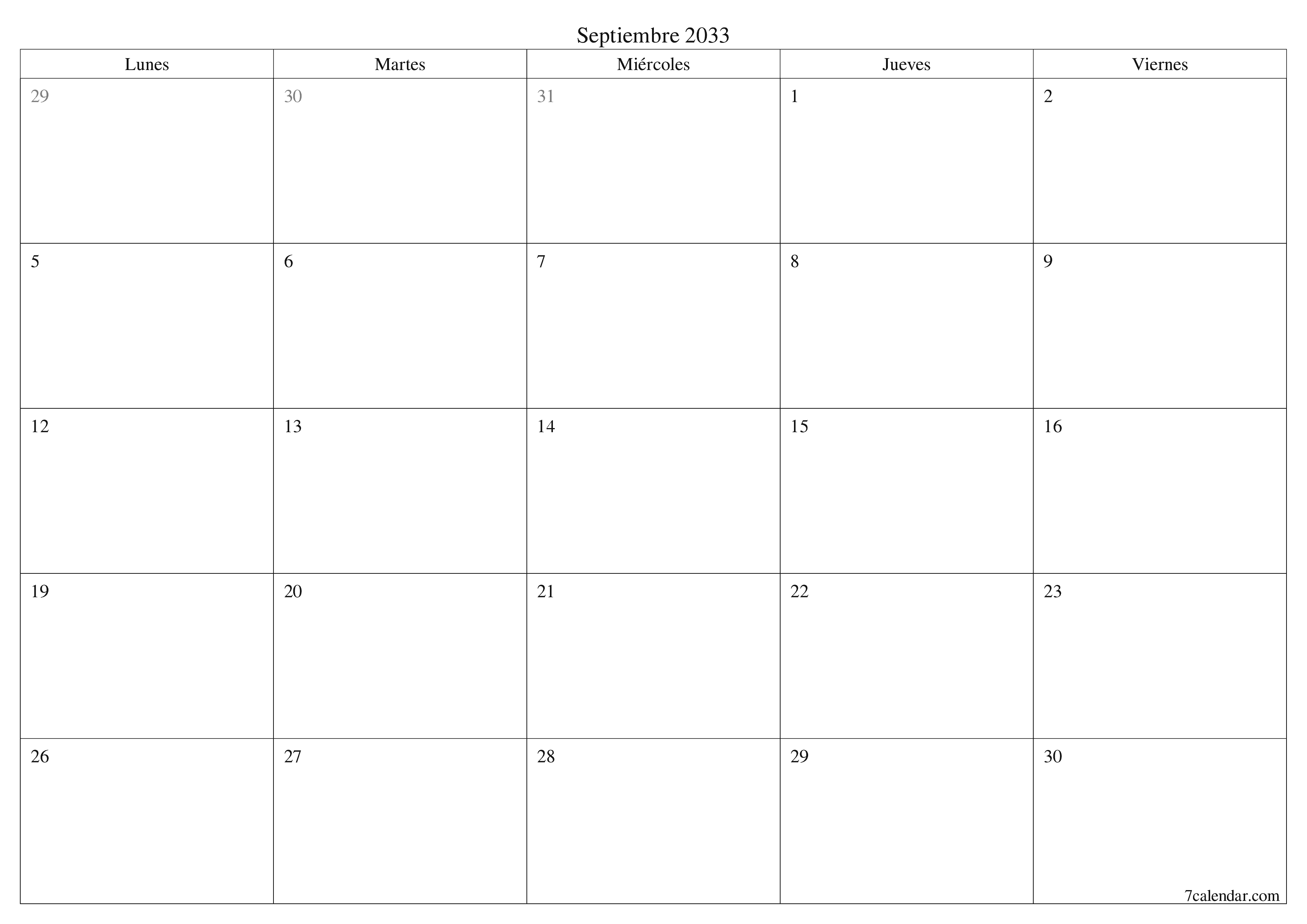 Planificador mensual vacío para el mes Septiembre 2033 con notas, guardar e imprimir en PDF PNG Spanish
