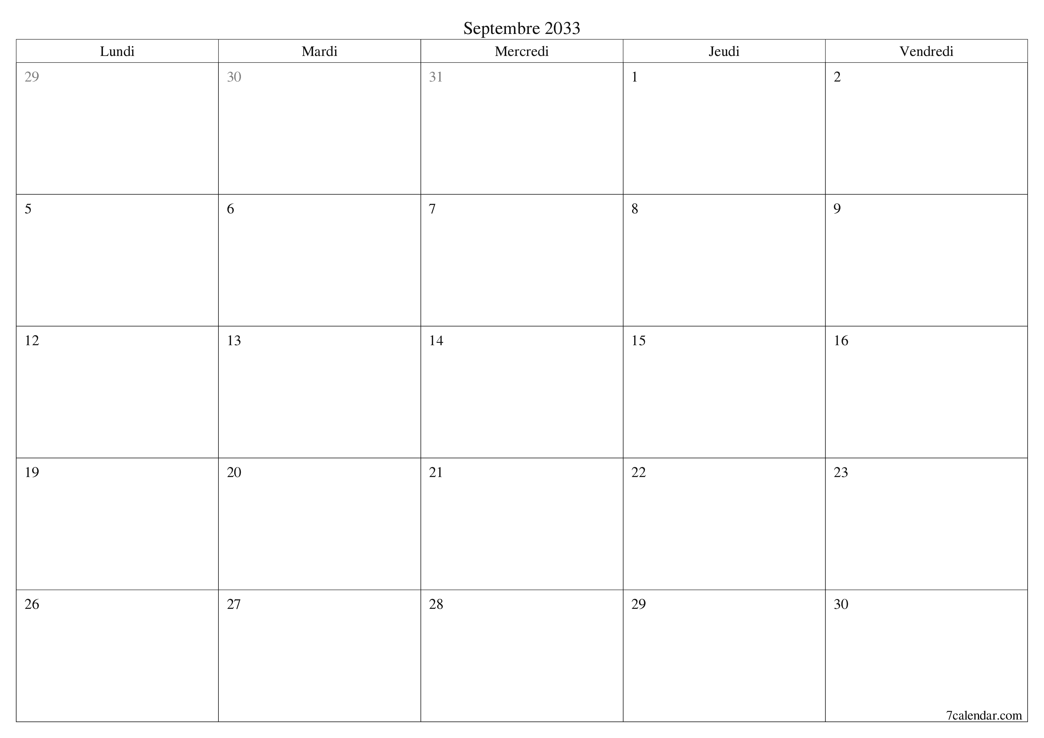 Agenda mensuel vide pour le mois Septembre 2033 avec notes, enregistrez et imprimez au format PDF PNG French