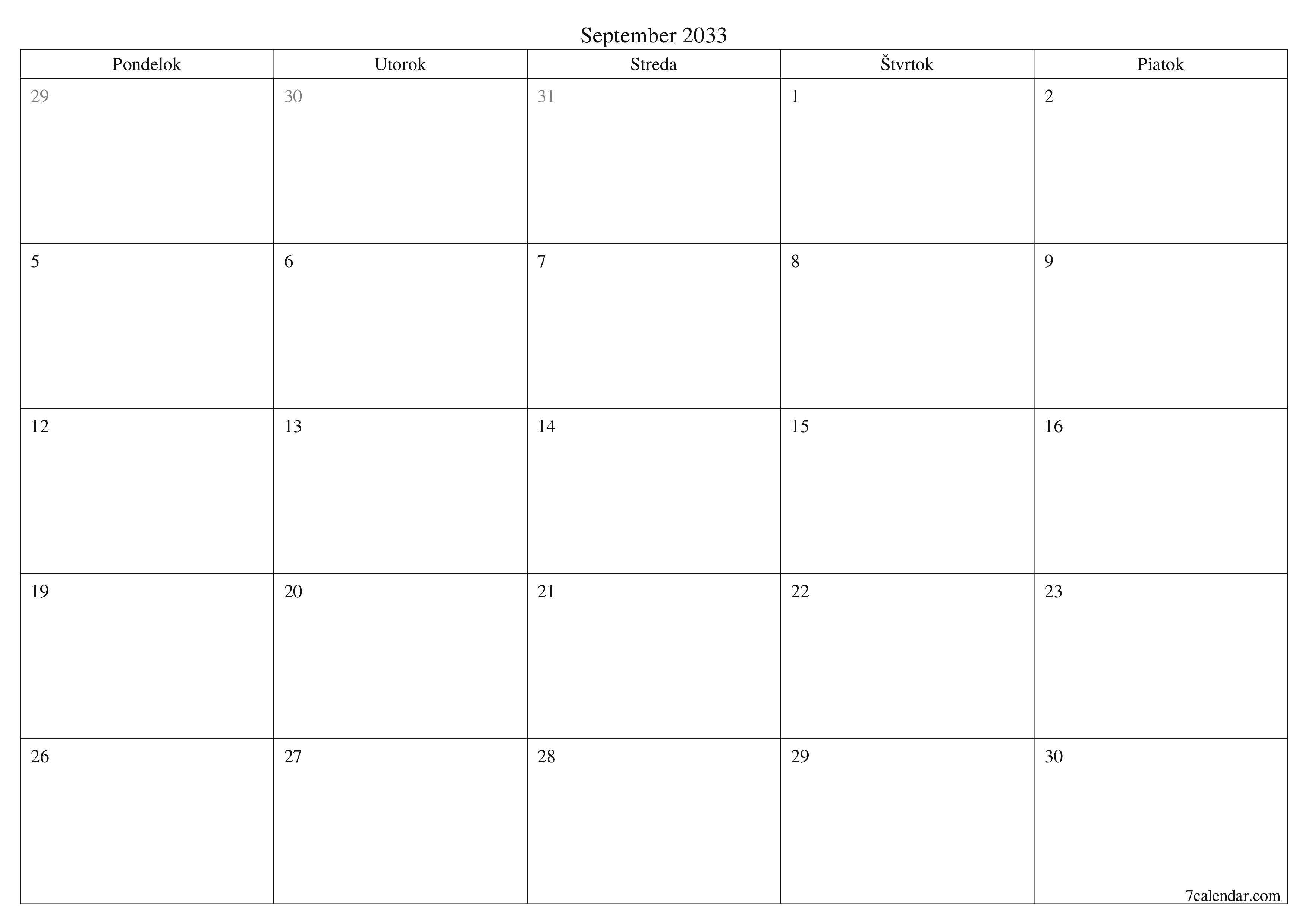 Prázdny mesačný plánovač na mesiac September 2033 s poznámkami, uloženie a tlač do PDF PNG Slovak