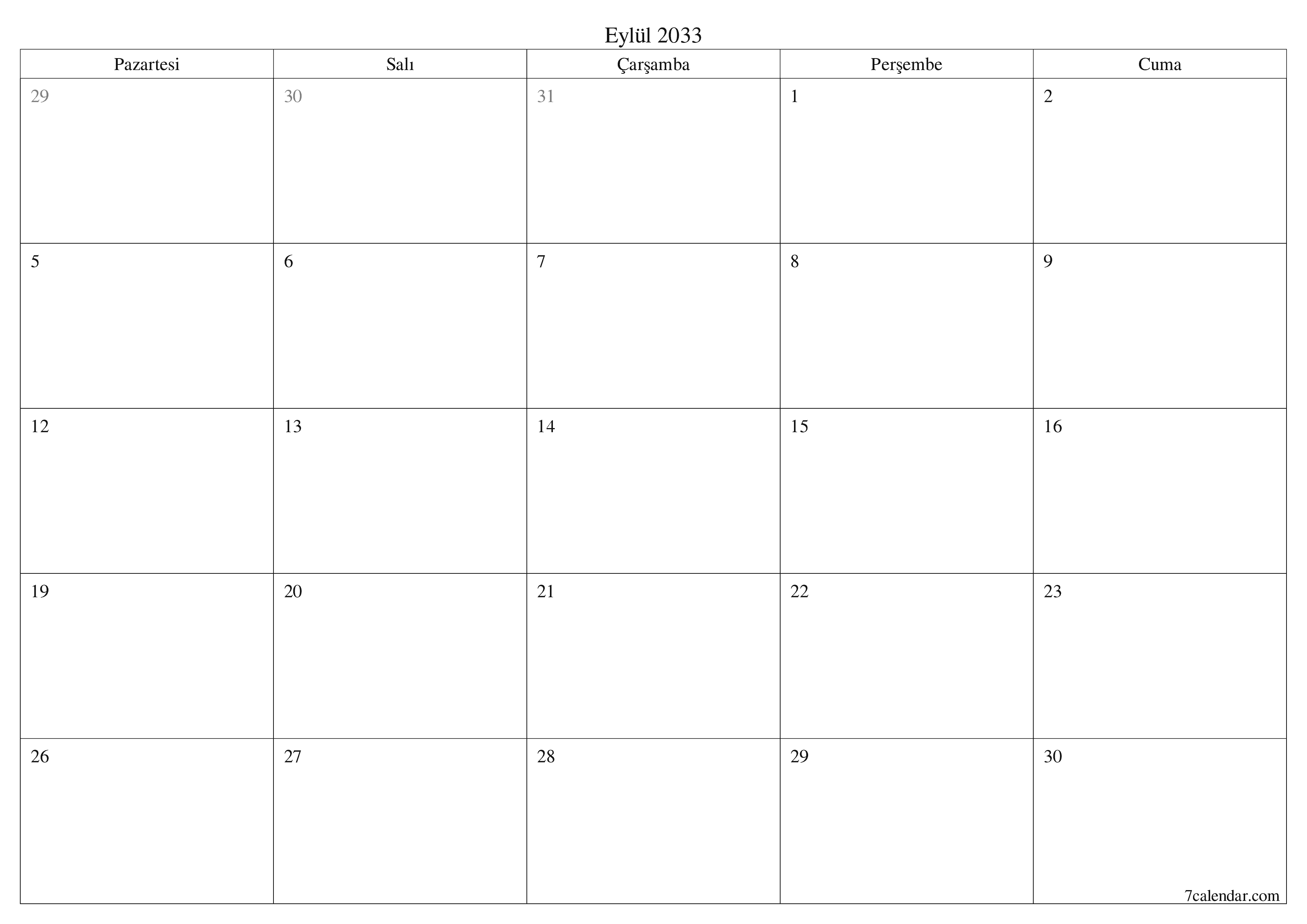 Eylül 2033 ayı için notlarla birlikte boş aylık planlayıcı, kaydedin ve PDF'ye yazdırın PNG Turkish