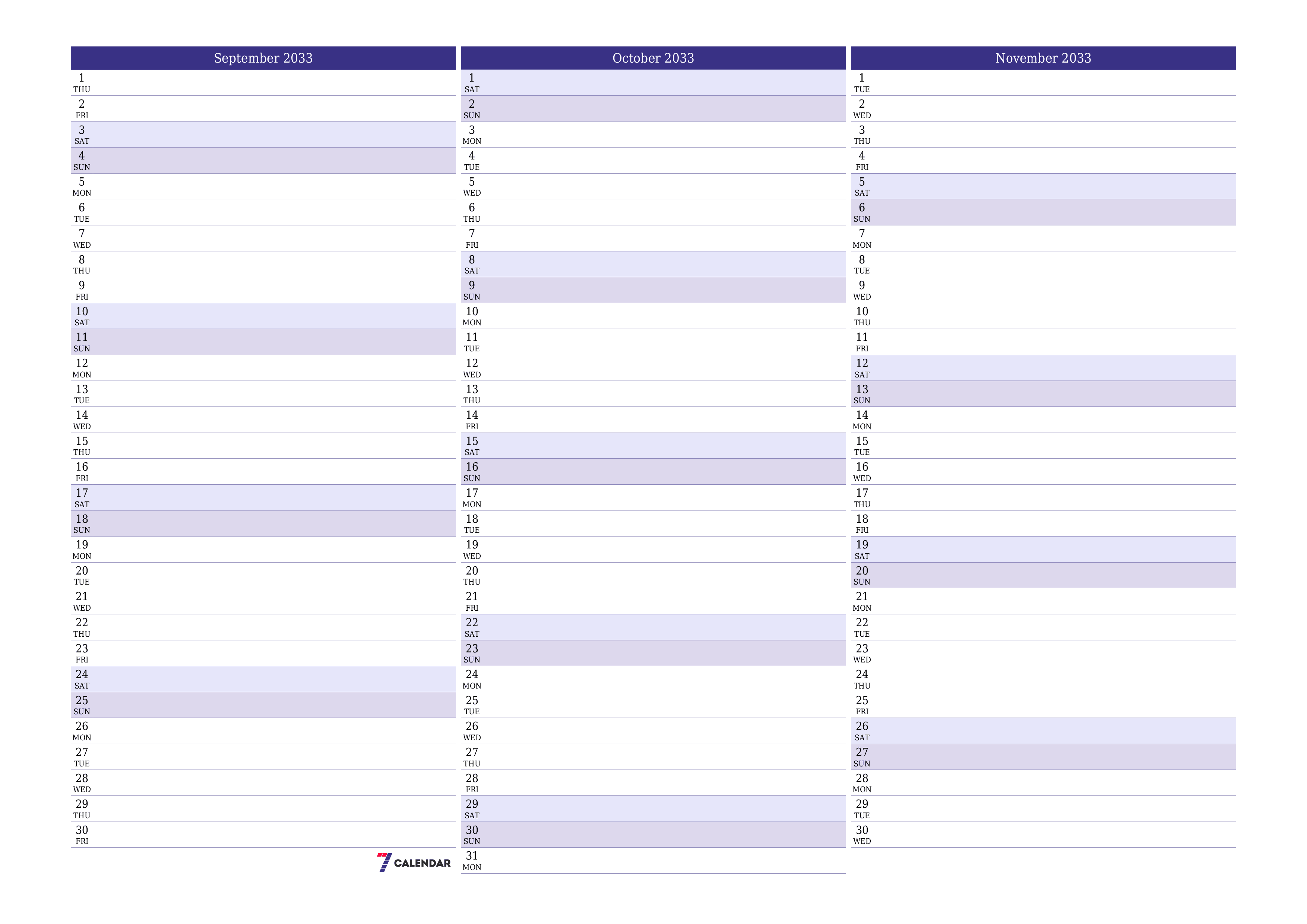 Blank calendar September 2033