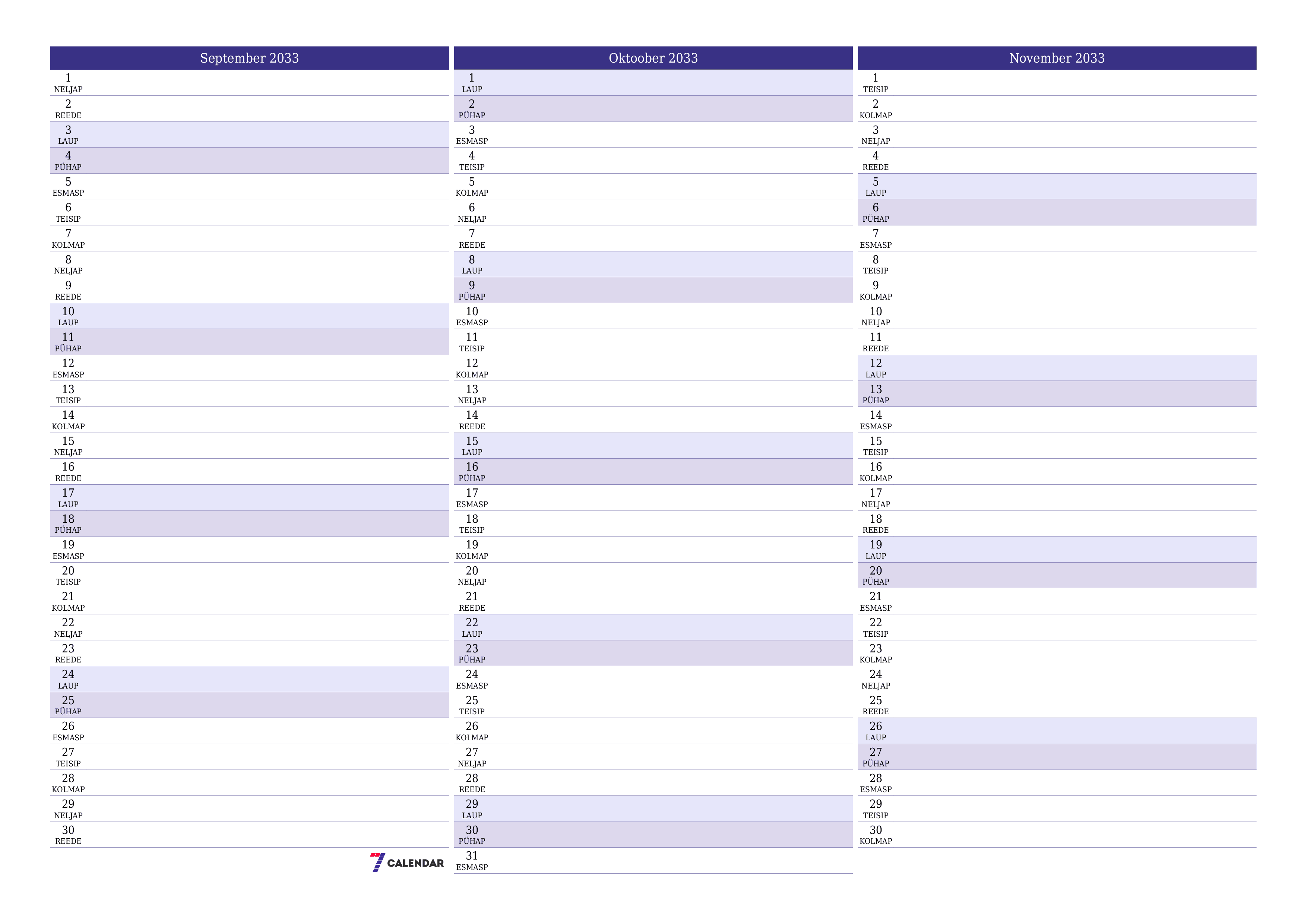 Tühjendage kuu September 2033 kuuplaneerija märkmetega, salvestage ja printige PDF-i PNG Estonian