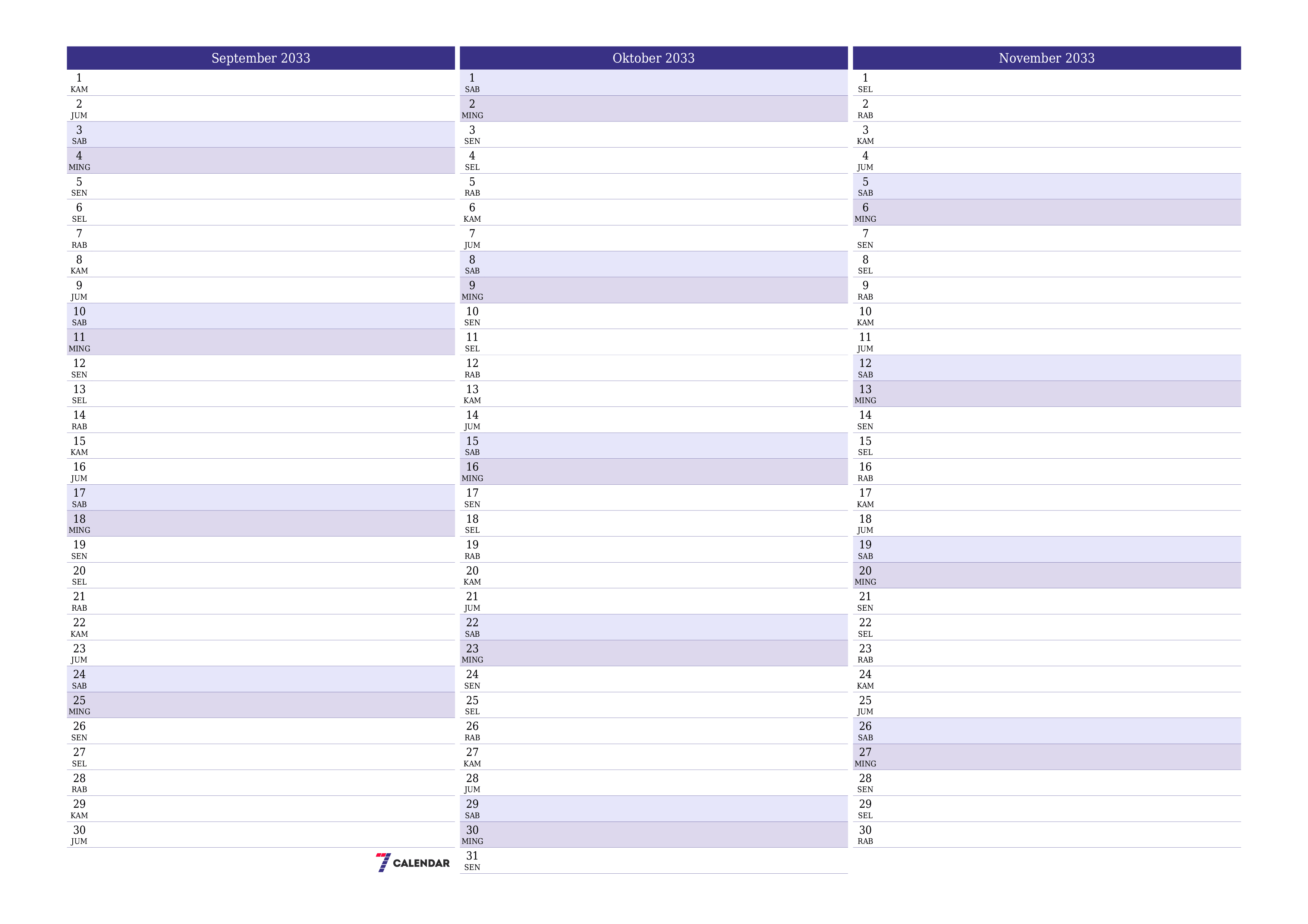 Kosongkan agenda bulanan untuk bulan September 2033 dengan catatan, simpan dan cetak ke PDF PNG Indonesian