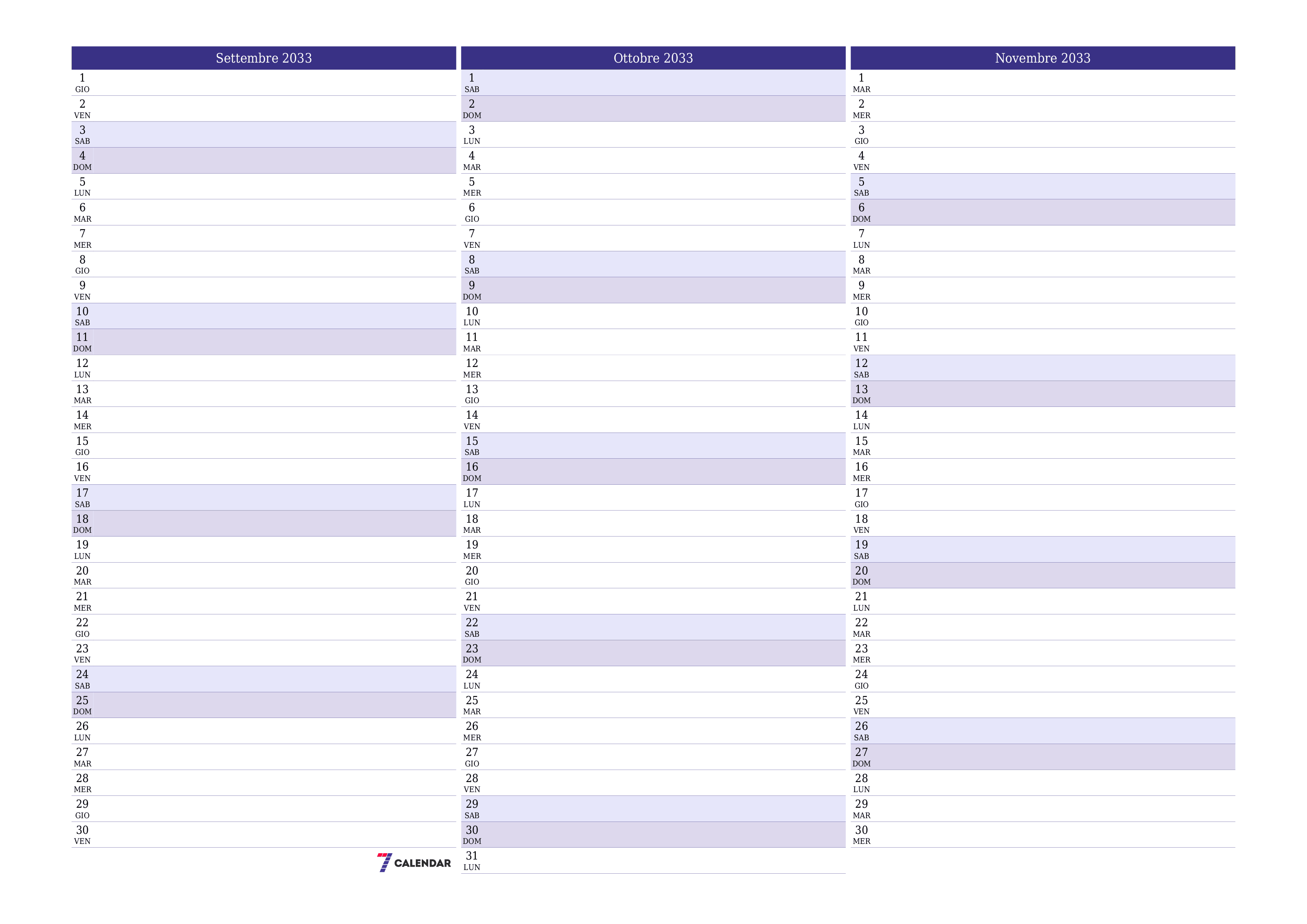 Pianificatore mensile vuoto per il mese Settembre 2033 con note, salva e stampa in PDF PNG Italian