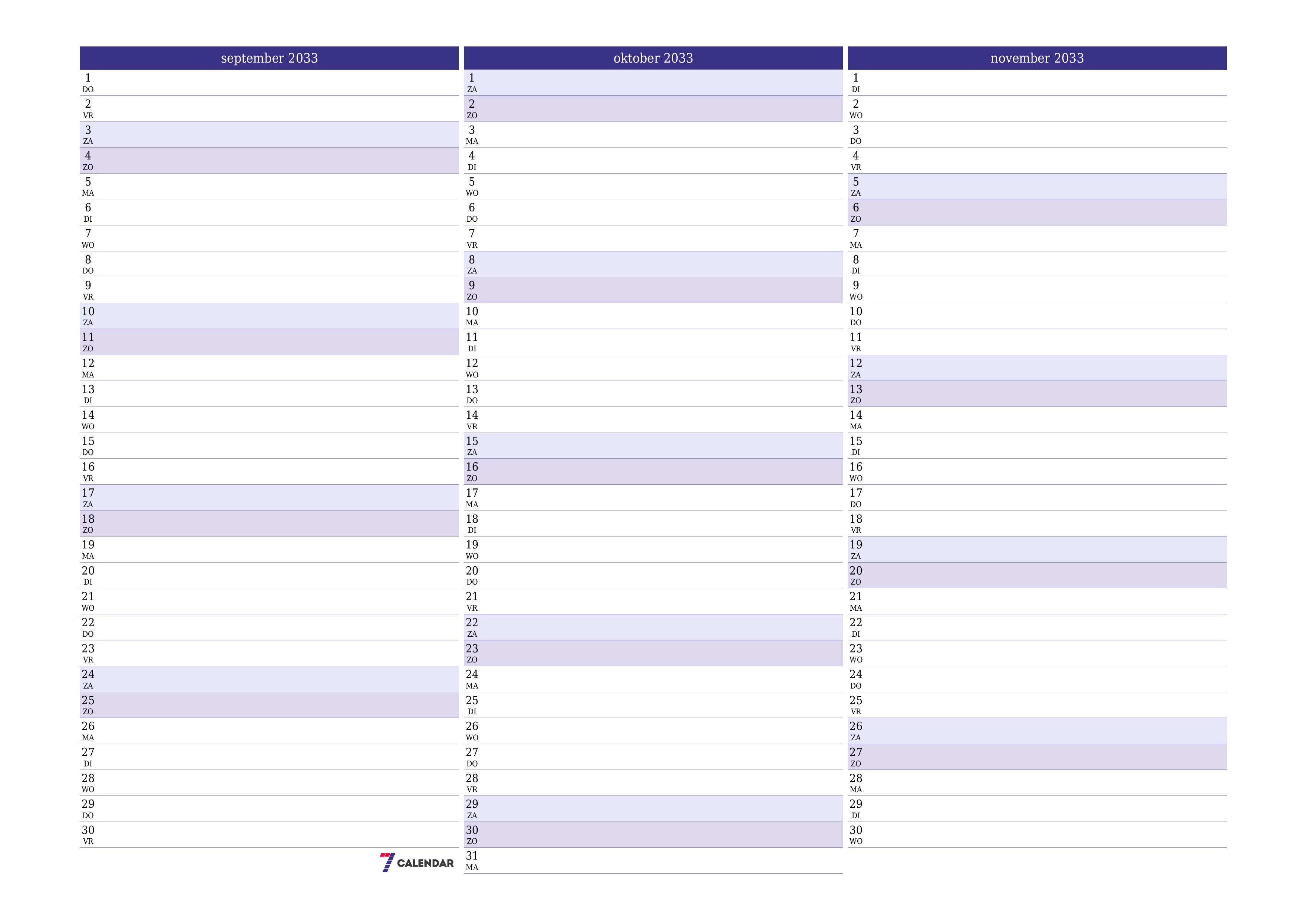 Lege maandplanner voor maand september 2033 met notities, opslaan en afdrukken naar pdf PNG Dutch