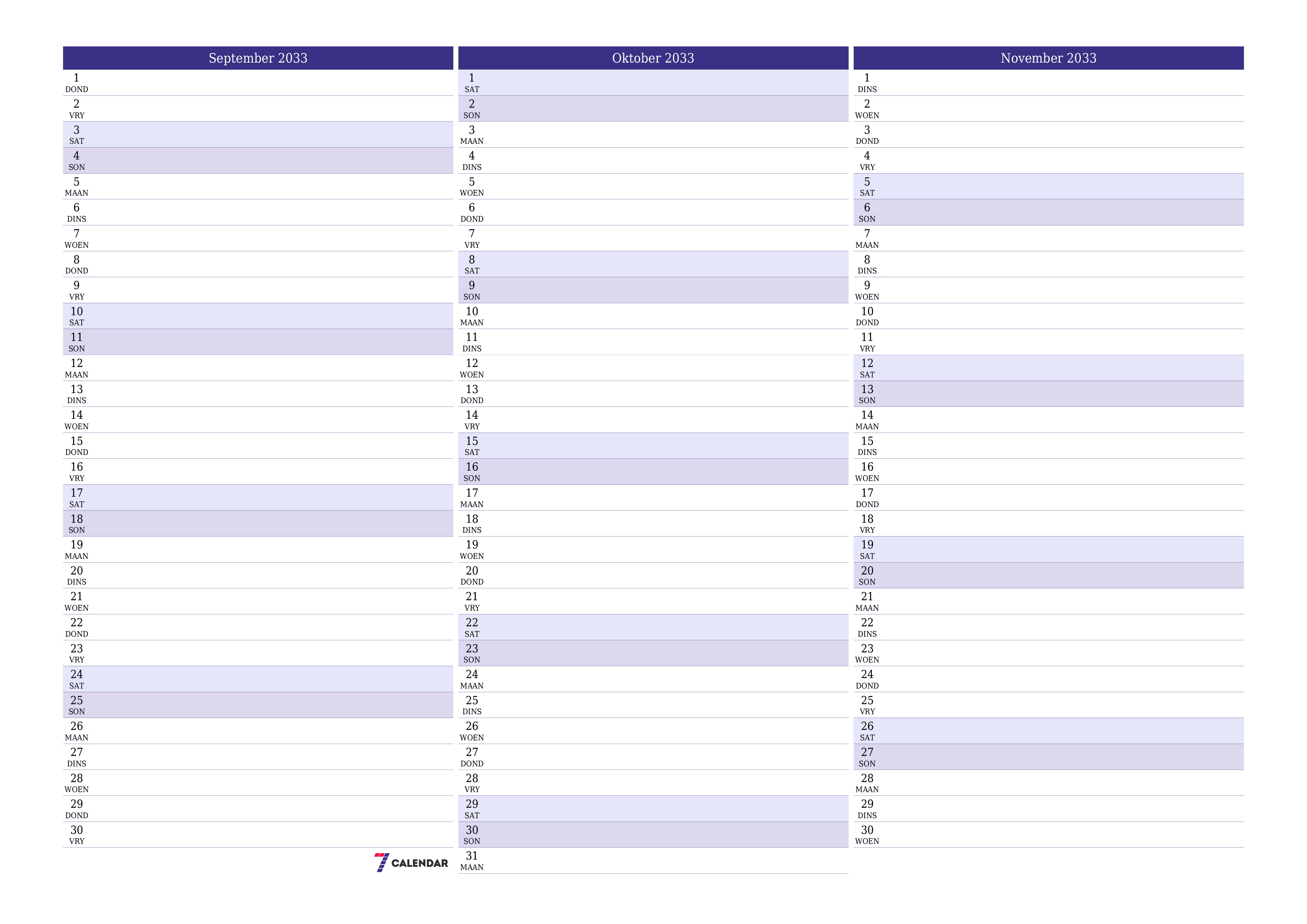 Leë maandelikse drukbare kalender en beplanner vir maand September 2033 met notas stoor en druk na PDF PNG Afrikaans