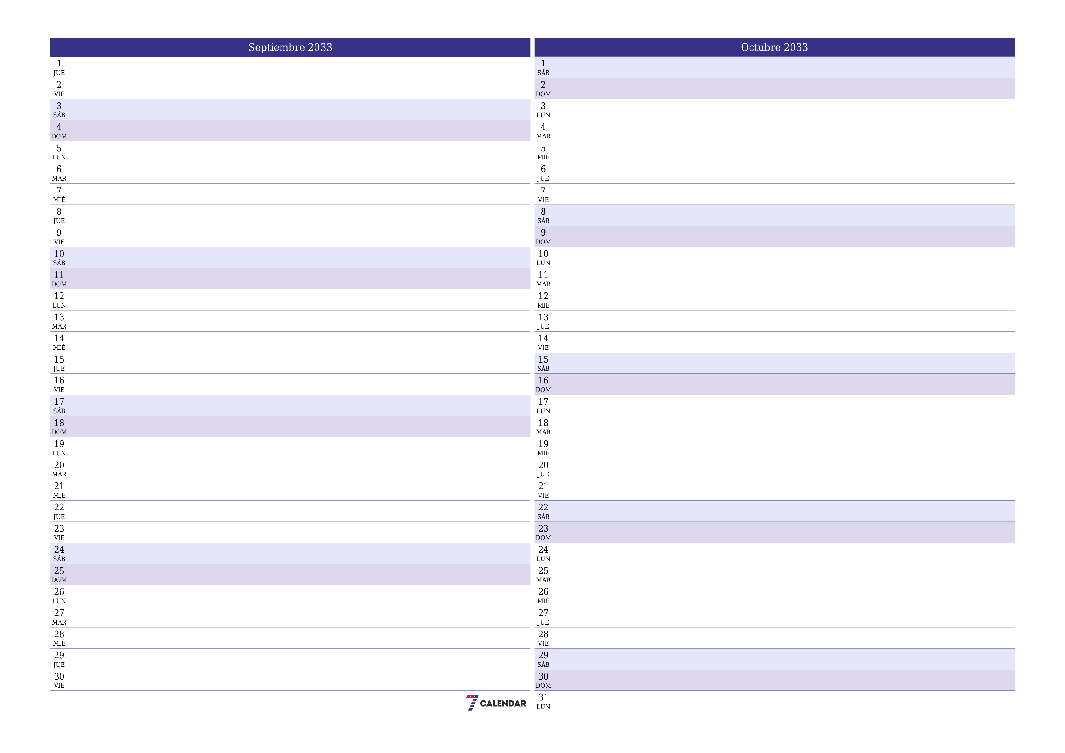 Planificador mensual vacío para el mes Septiembre 2033 con notas, guardar e imprimir en PDF PNG Spanish
