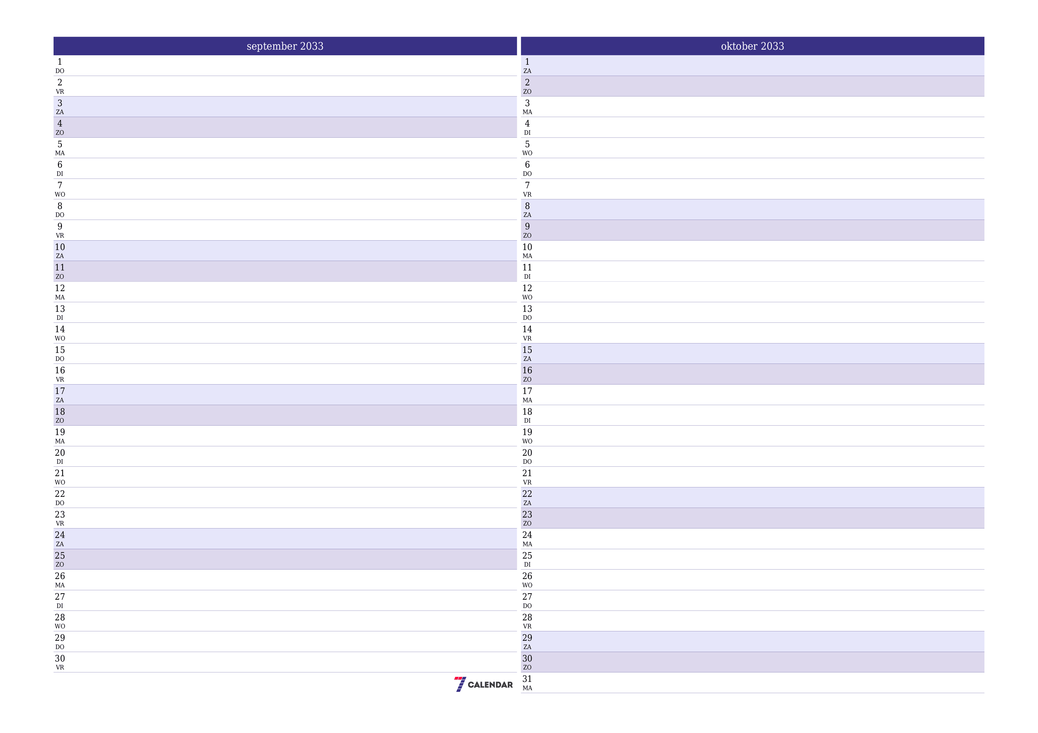 Lege maandplanner voor maand september 2033 met notities, opslaan en afdrukken naar pdf PNG Dutch