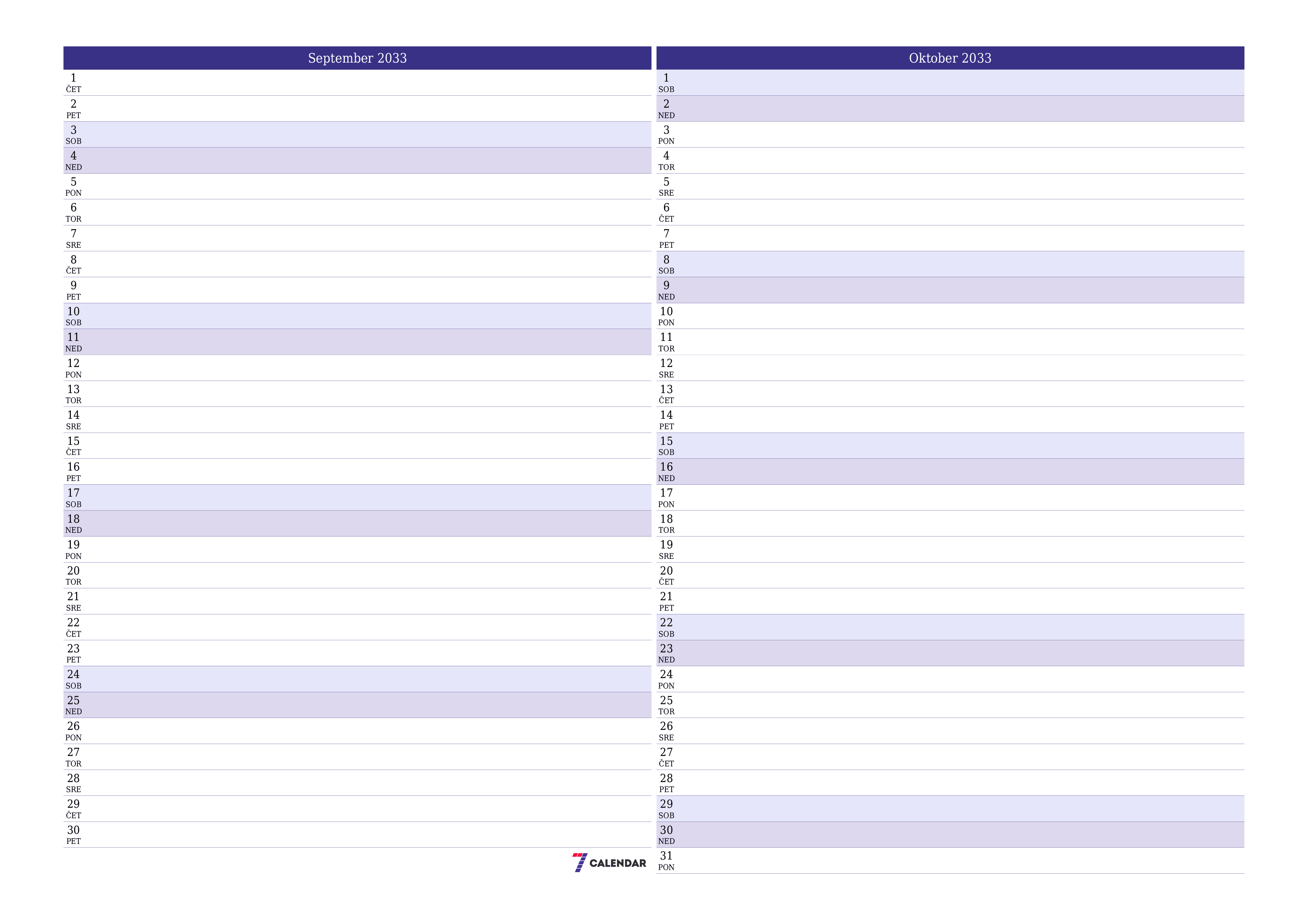 Prazen mesečni načrtovalec koledarja za mesec September 2033 z opombami, natisnjenimi v PDF PNG Slovenian
