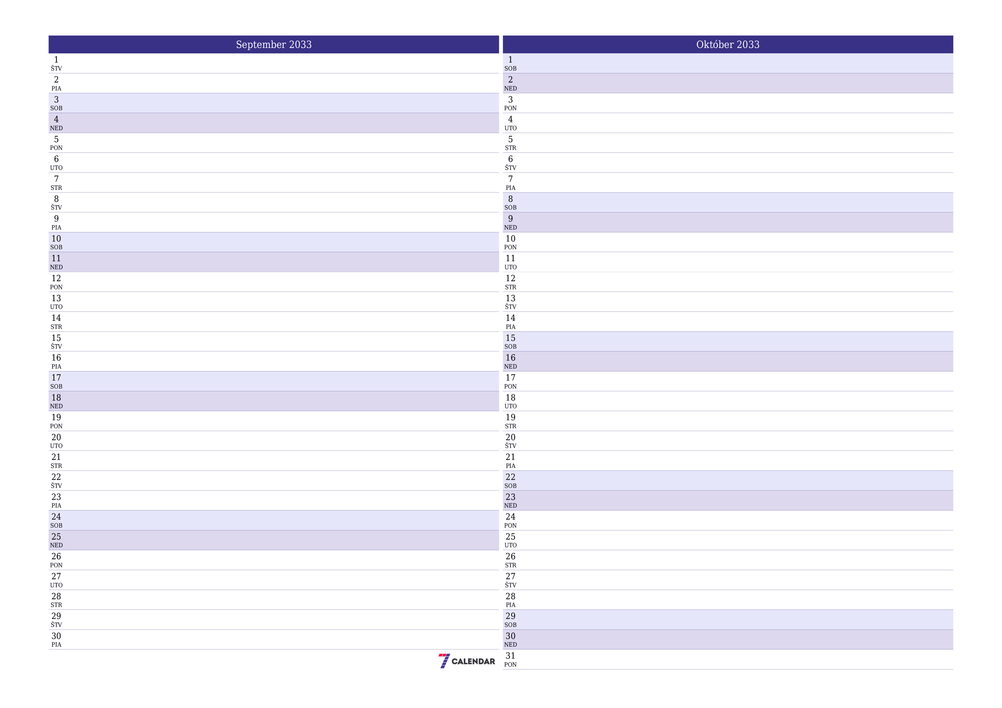 Prázdny mesačný plánovač na mesiac September 2033 s poznámkami, uloženie a tlač do PDF PNG Slovak