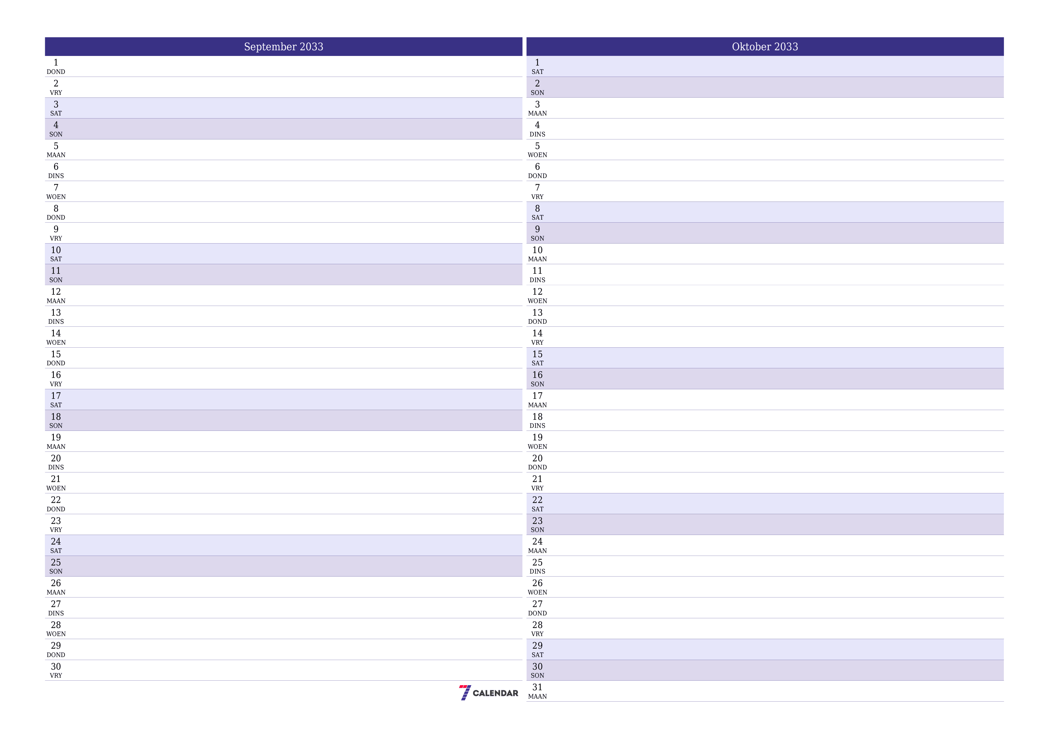 Leë maandelikse drukbare kalender en beplanner vir maand September 2033 met notas stoor en druk na PDF PNG Afrikaans